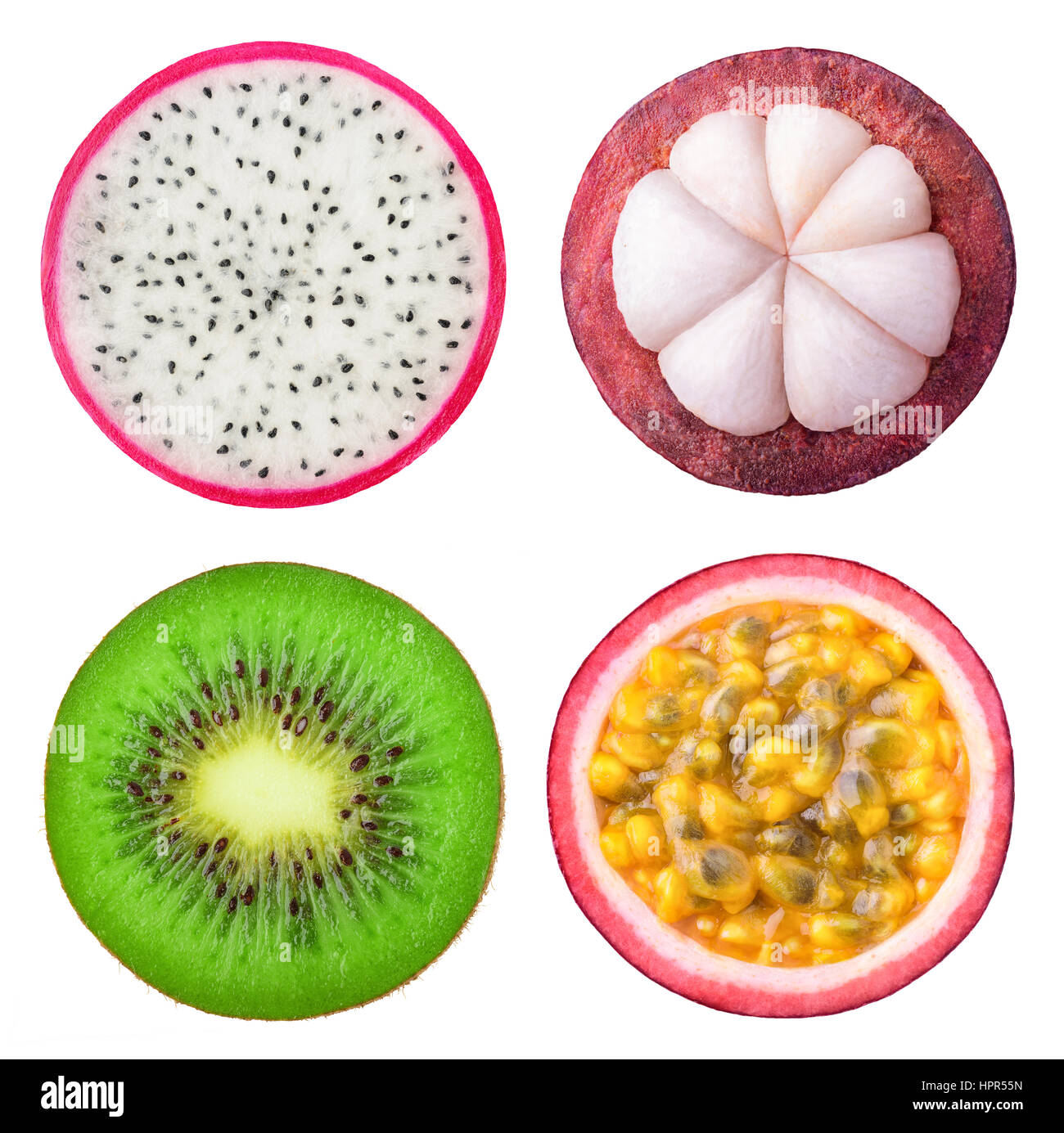 Isolated tropical fruits slices. Pieces of dragonfruit, mangosteen, kiwi  and passion fruit isolated on white background with clipping path Stock  Photo - Alamy