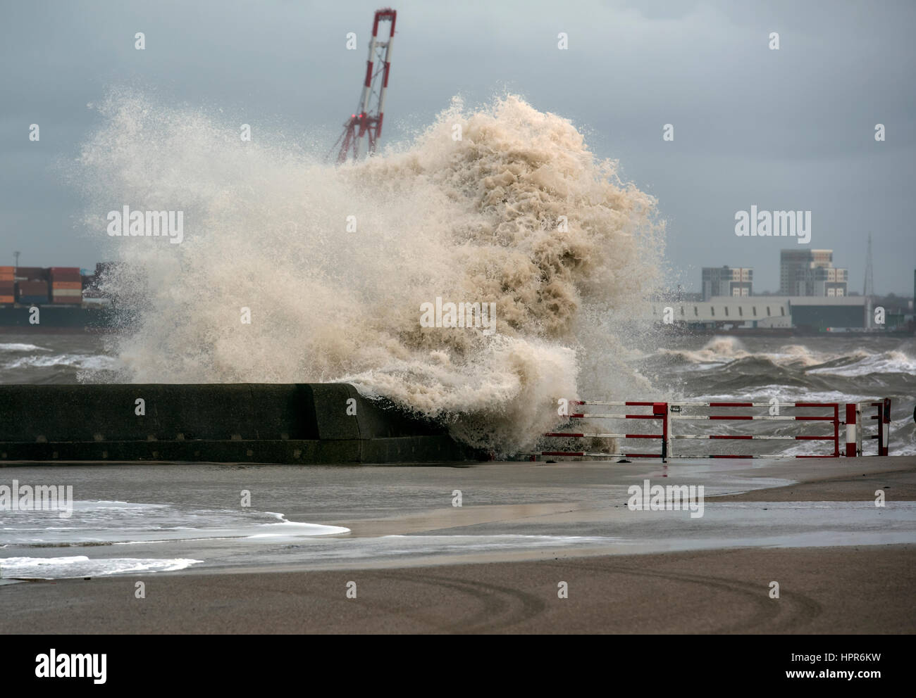 New Brighton Promenade with big waves Stock Photo