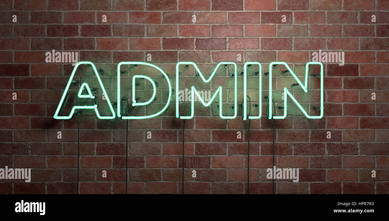 ADMIN - fluorescent Neon tube Sign on brickwork - Front view - 3D rendered royalty free stock picture. Can be used for online banner ads and direct ma Stock Photo