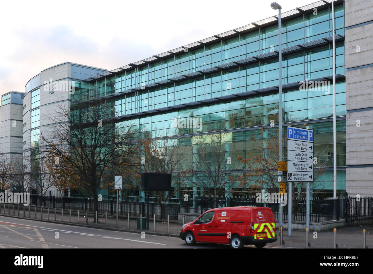 The Laganside Courts complex in Belfast, Northern Ireland. The courts house Crown Courts, County Courts, Family Care Courts and Magistrates Courts. Stock Photo