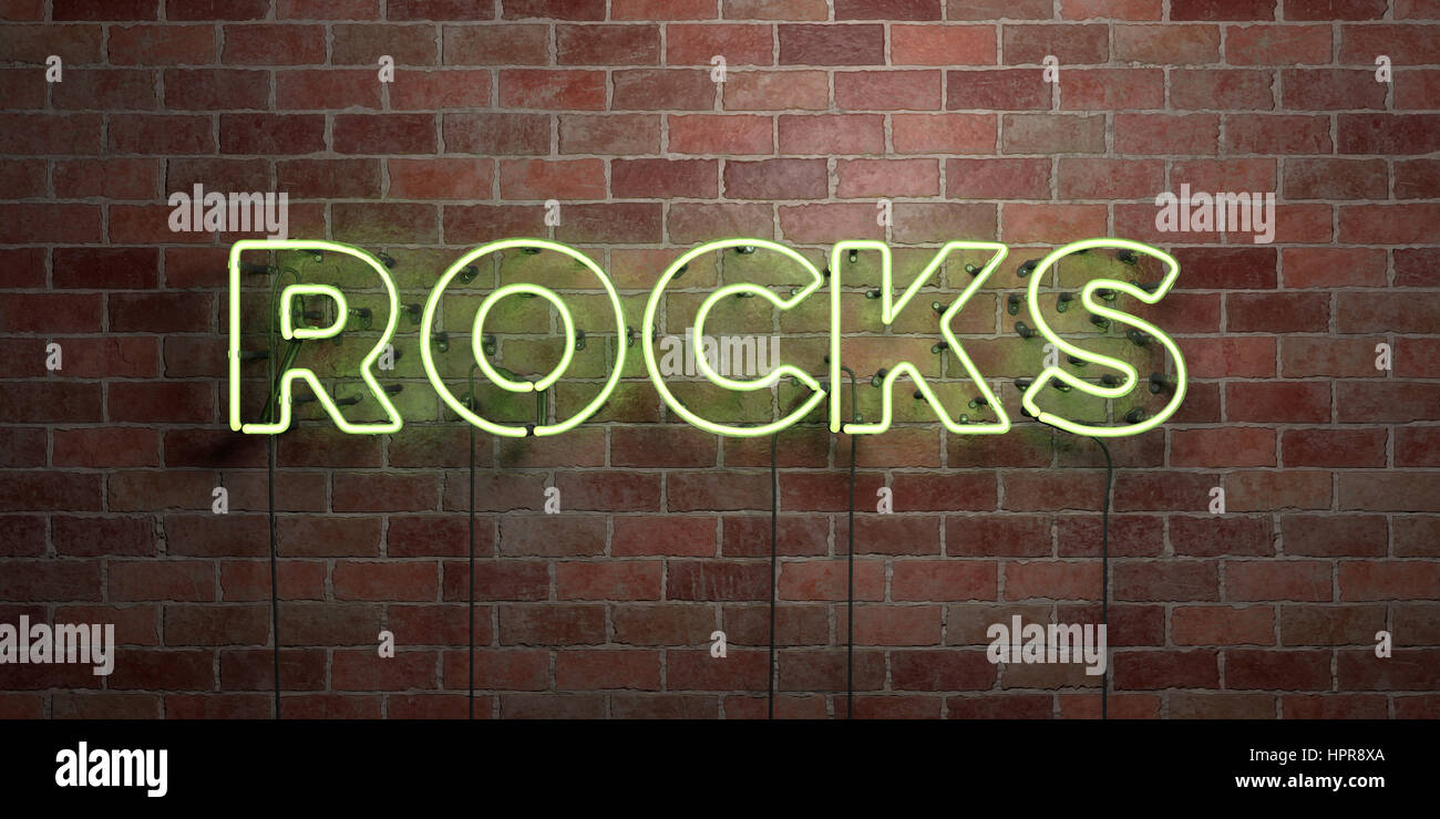 ROCKS - fluorescent Neon tube Sign on brickwork - Front view - 3D ...