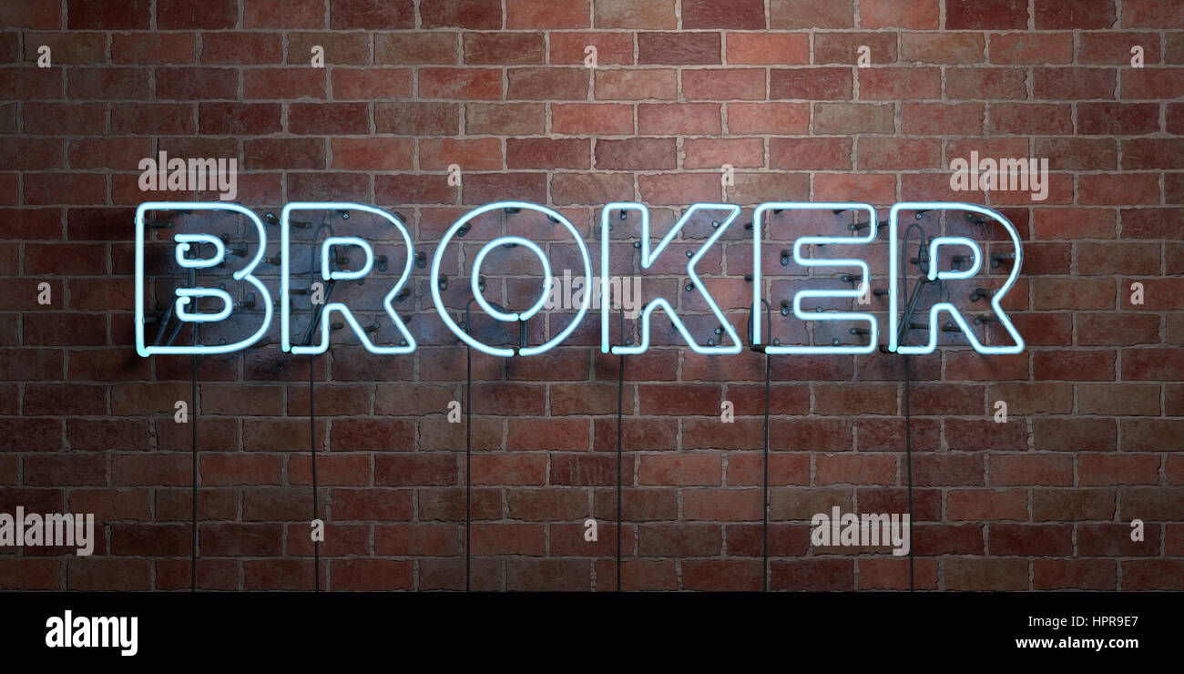 BROKER - fluorescent Neon tube Sign on brickwork - Front view - 3D ...