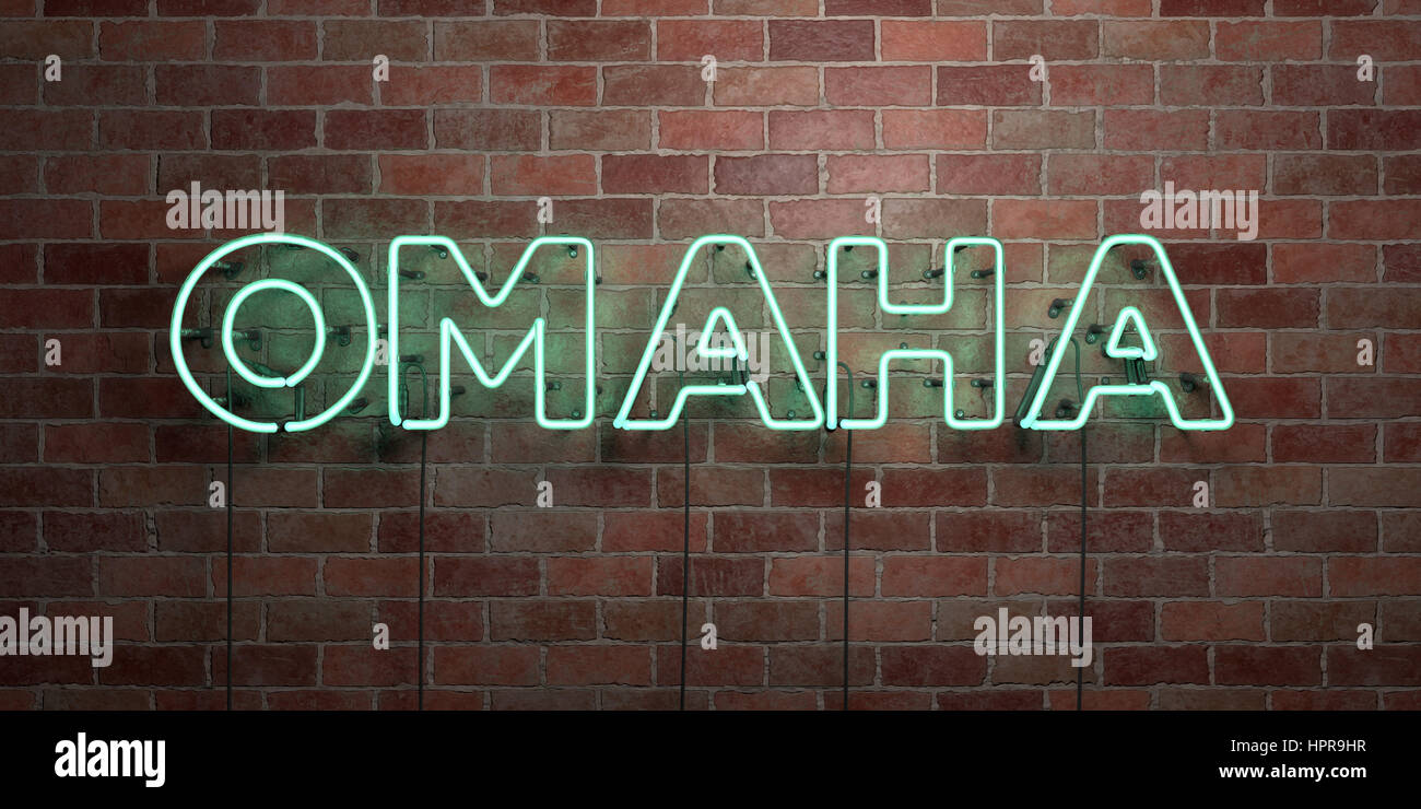 OMAHA fluorescent Neon tube Sign on brickwork Front view 3D