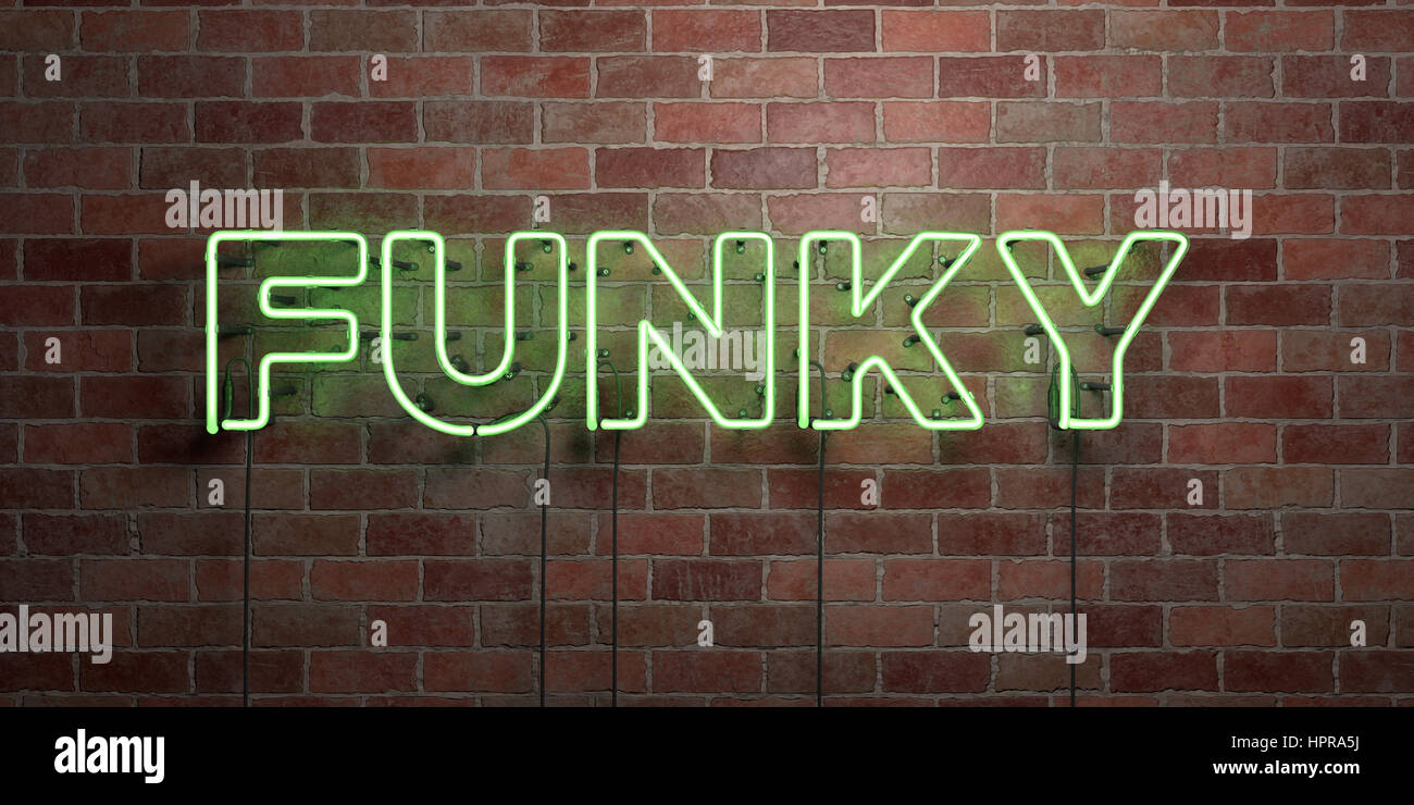 FUNKY - fluorescent Neon tube Sign on brickwork - Front view - 3D ...