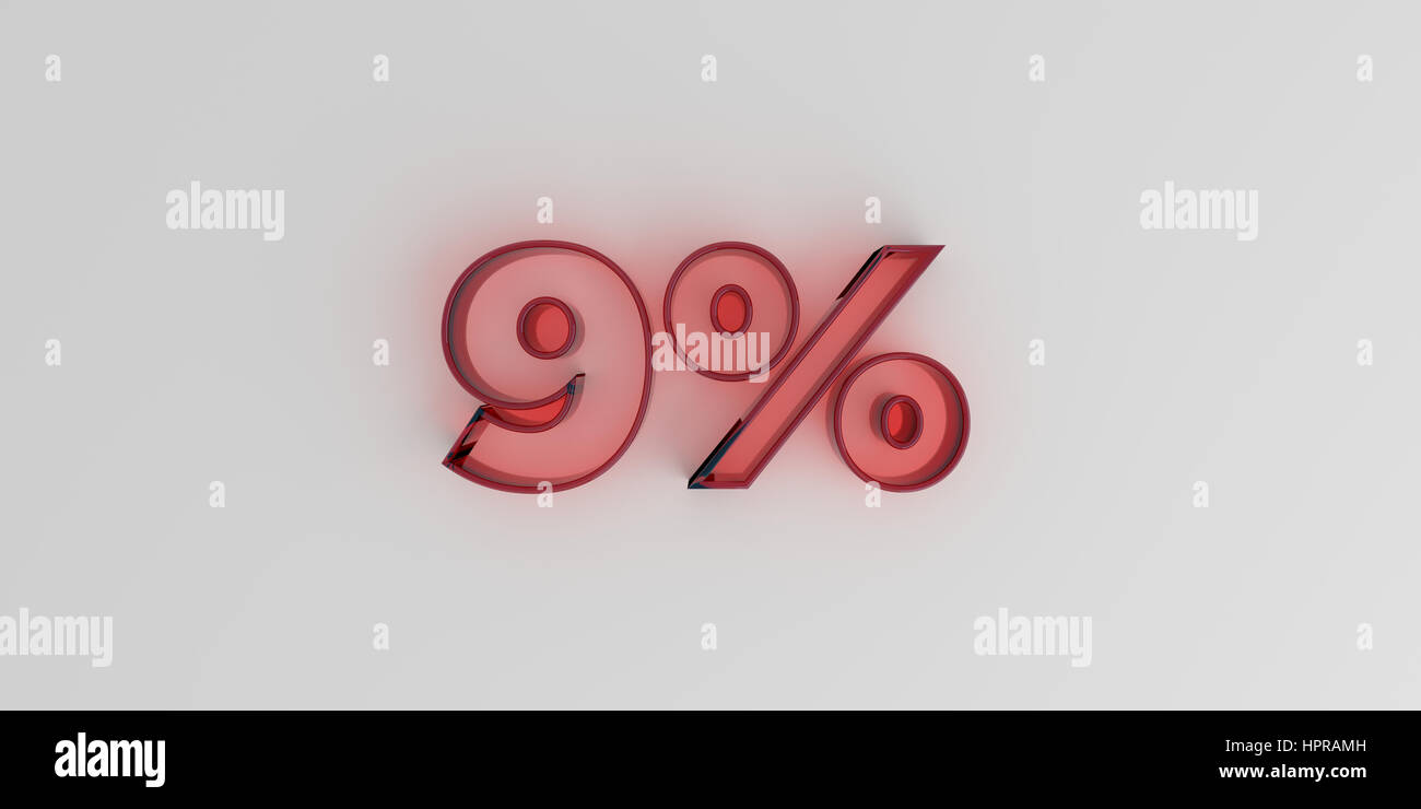 9% - Red glass text on white background - 3D rendered royalty free ...