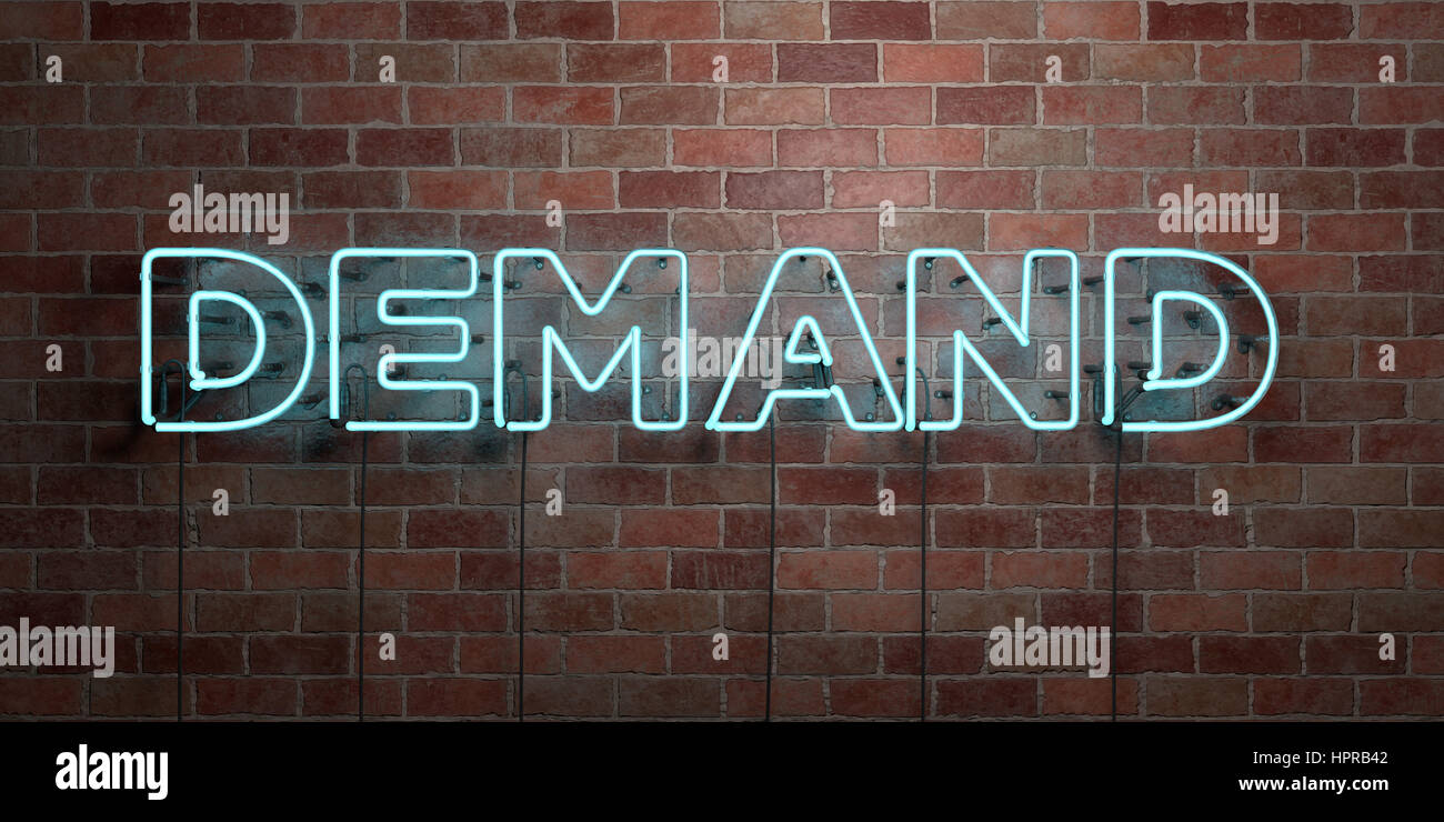 DEMAND - fluorescent Neon tube Sign on brickwork - Front view - 3D ...