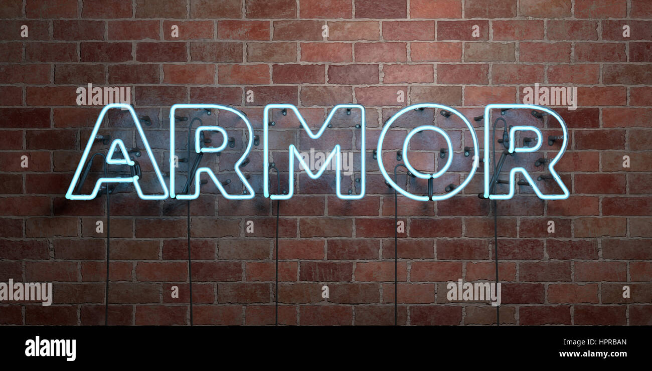ARMOR - fluorescent Neon tube Sign on brickwork - Front view - 3D ...