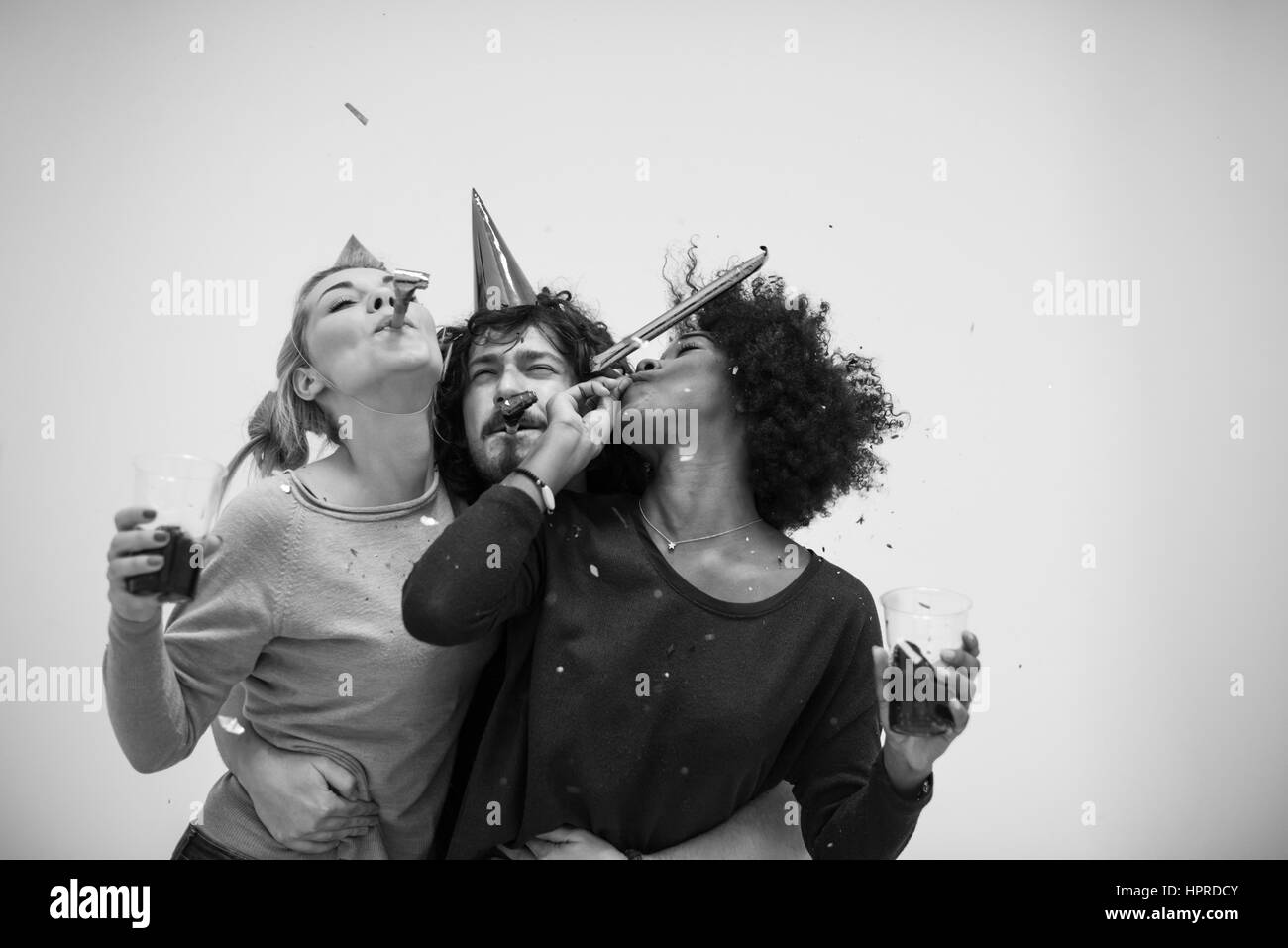 Happy laughing smiling celebrating Black and White Stock Photos