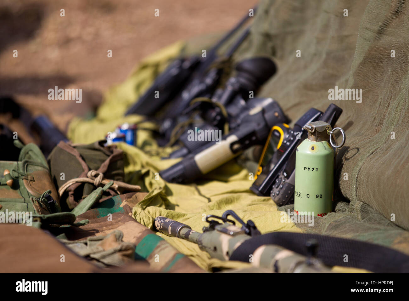 Anti-poaching patrols use a variety of specialized equipment for overnight missions in Kruger National Park South Africa to catch rhino poachers. Stock Photo