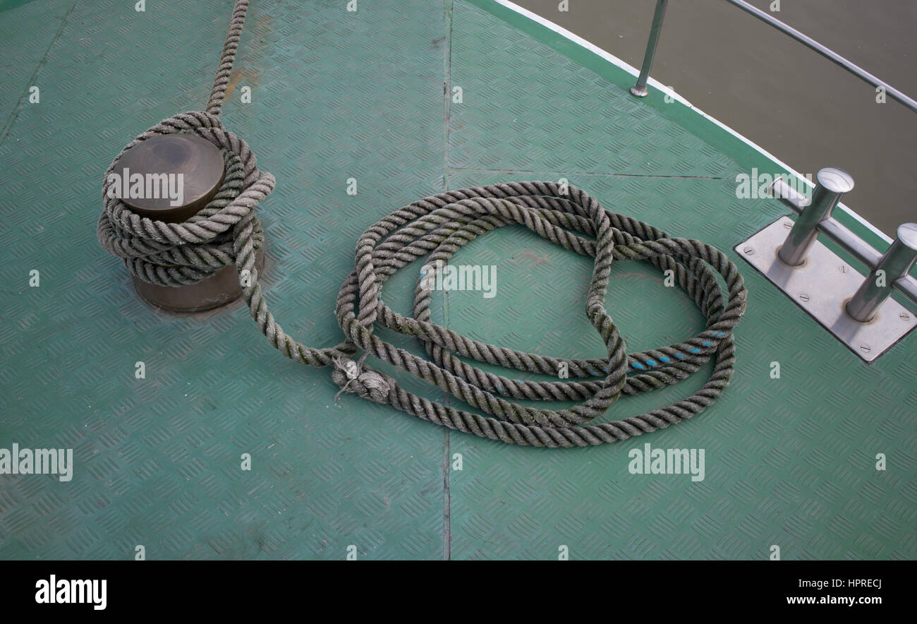 Mooring rope coiled on deck of boat, Pyongyang. DPRK / North Korea