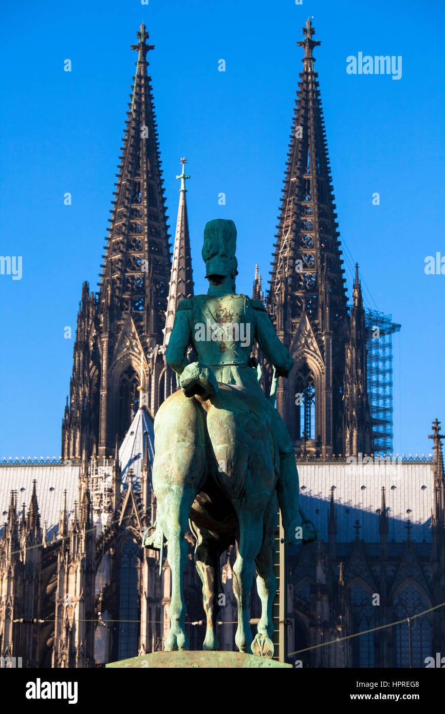 Europe, Germany, Cologne, equestrian statue at the Hohenzollern bridge, the cathedral. Stock Photo