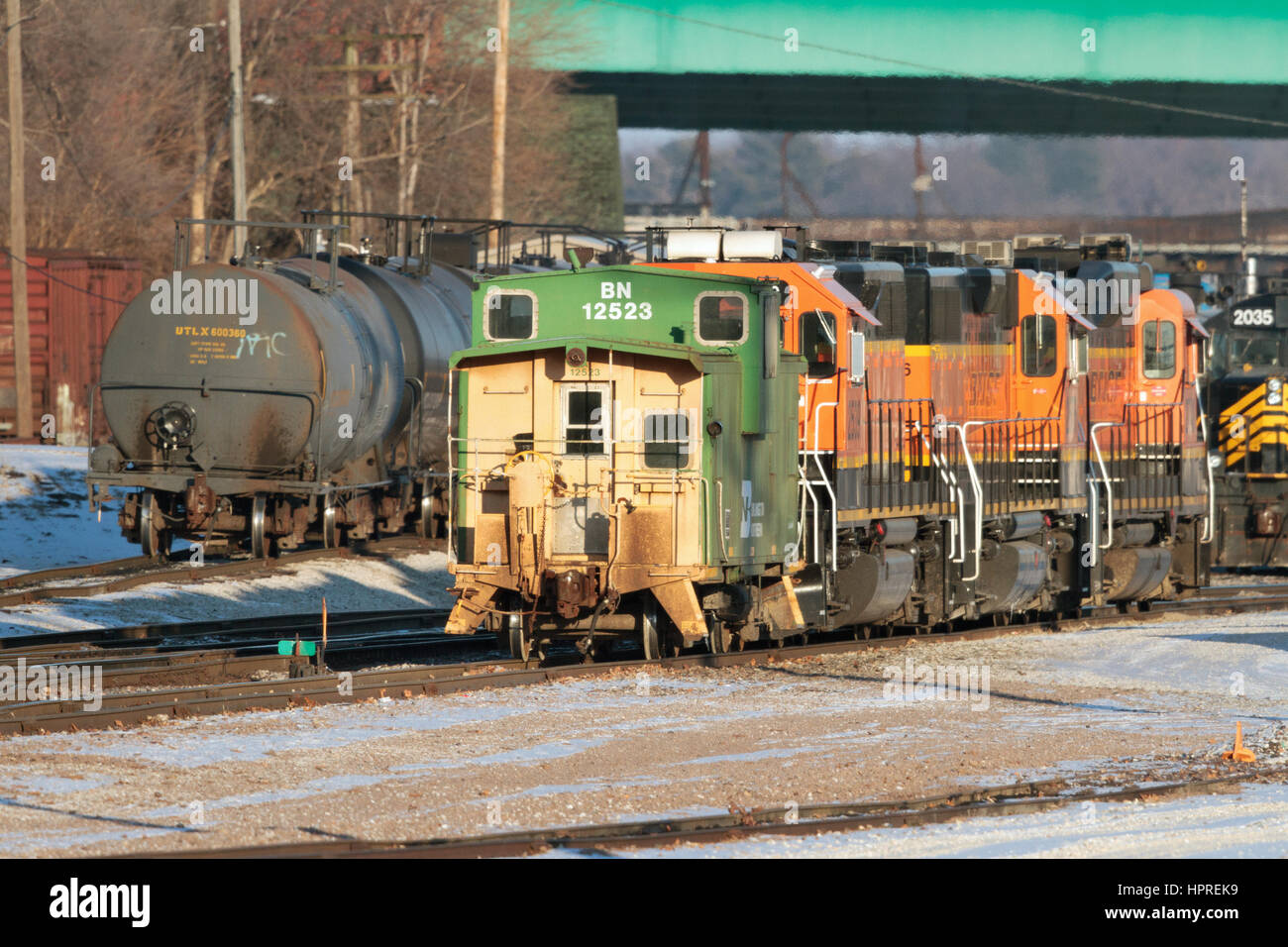 A caboose and parked at a BNSF rail yard in Keokuk, Iowa