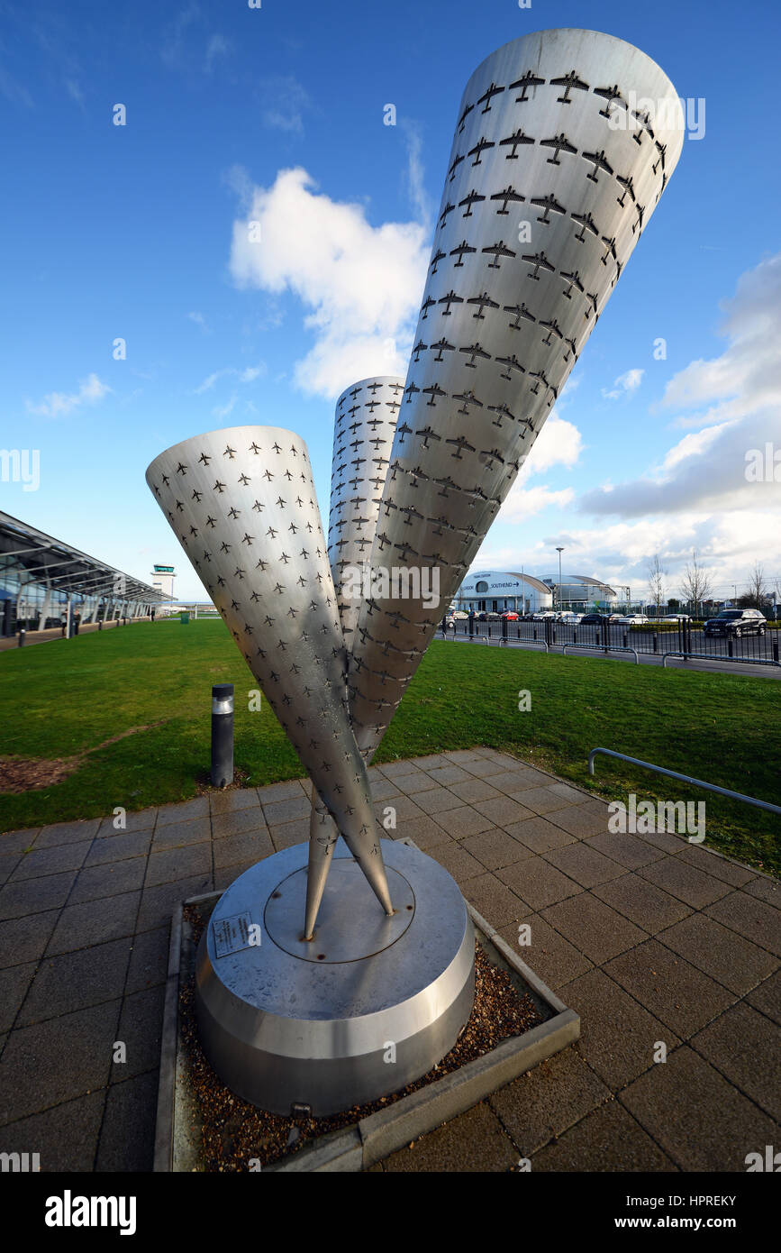 Sculpture at London Southend Airport with new terminal, railway station and infrastructure. Originally RFC RAF Rochford planes in sculpture Stock Photo