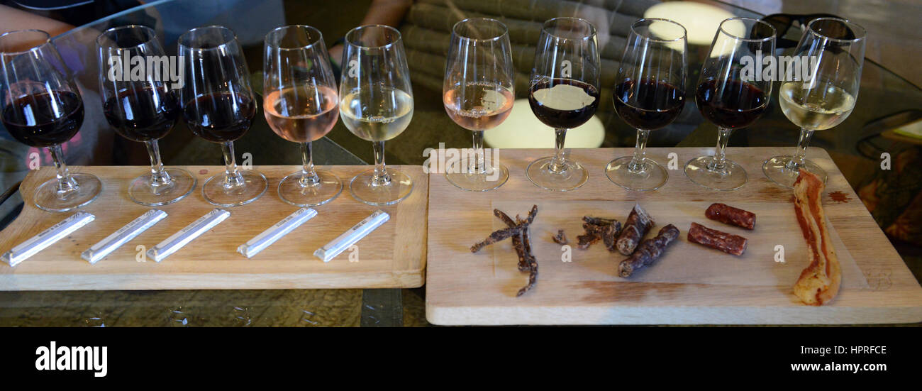 Wine pairing and tasting in the Durbanville hills winery near Cape Town, South Africa. Stock Photo