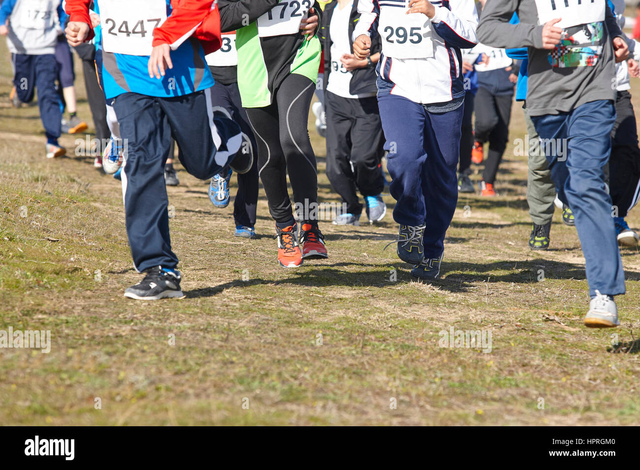Junior athletics runner on a cross country race. Outdoor circuit. Horizontal Stock Photo