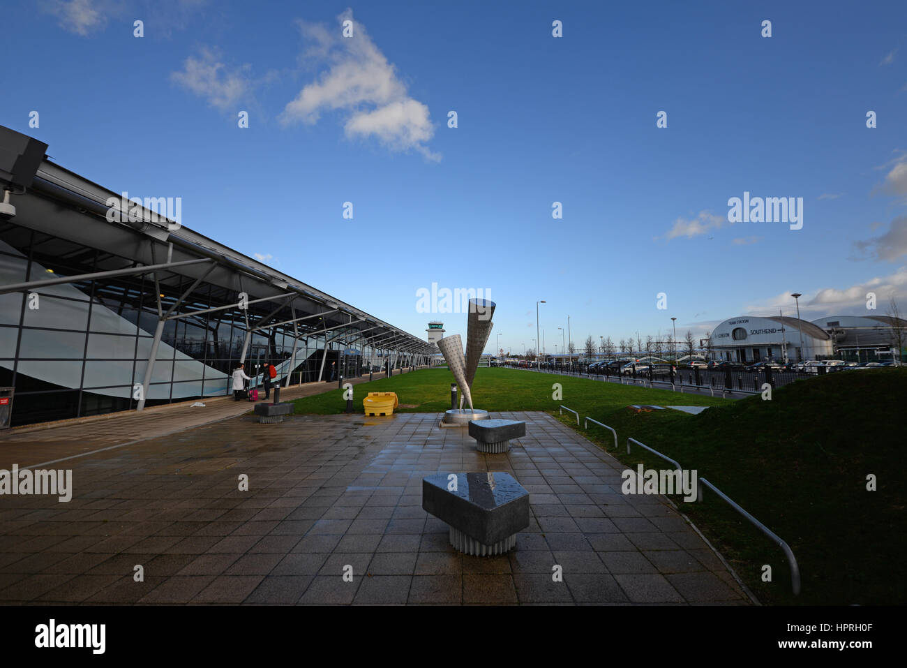 London Southend Airport terminal, railway station sculpture and infrastructure. Originally RFC RAF Rochford, Southend on sea, Essex Stock Photo