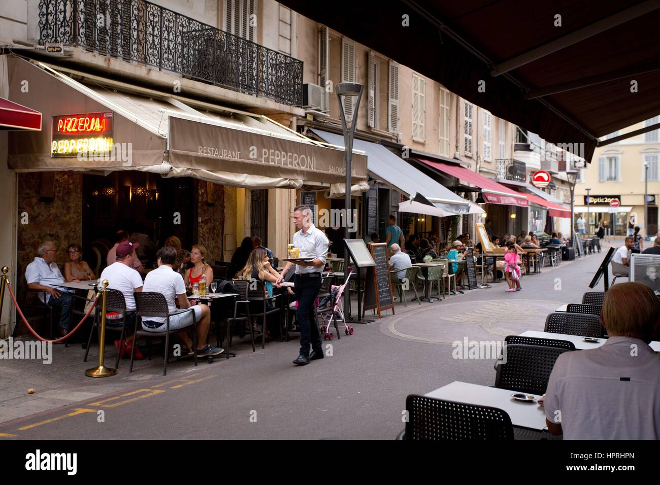 Outside seating of the Pepperoni Restaurant in Cannes, in September