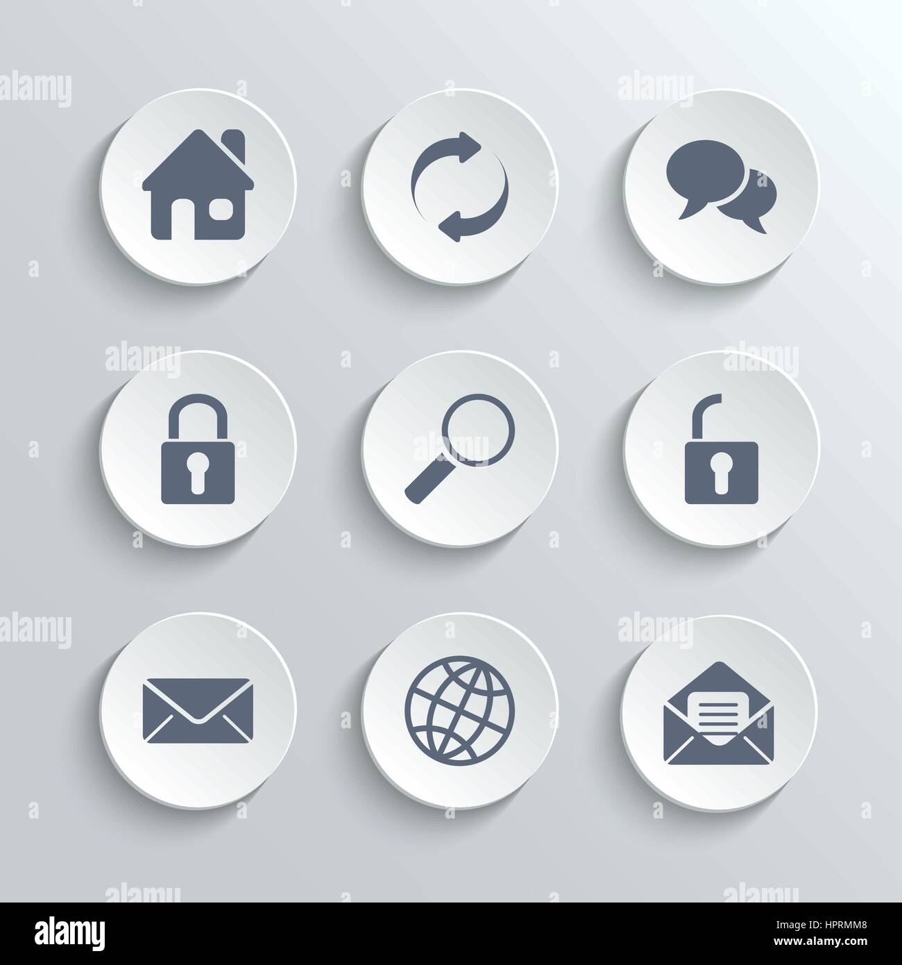 Web icons set - vector white round buttons with home refresh speech bubble lock search unlock mail globe Stock Vector