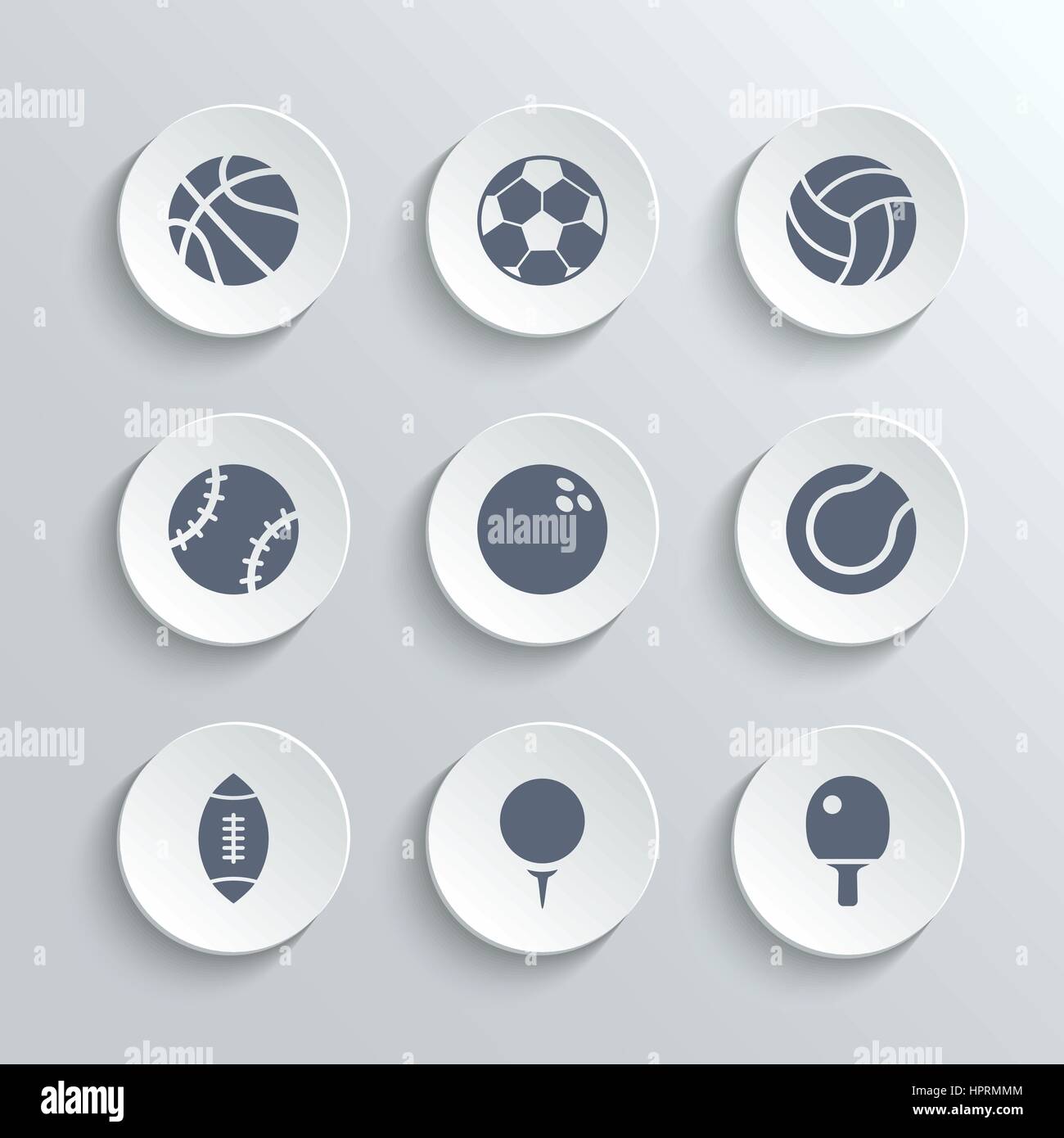Sport balls icon set - vector white round buttons with football soccer tennis baseball basketball golf volleyball rugby bowling ping pong symbols Stock Vector