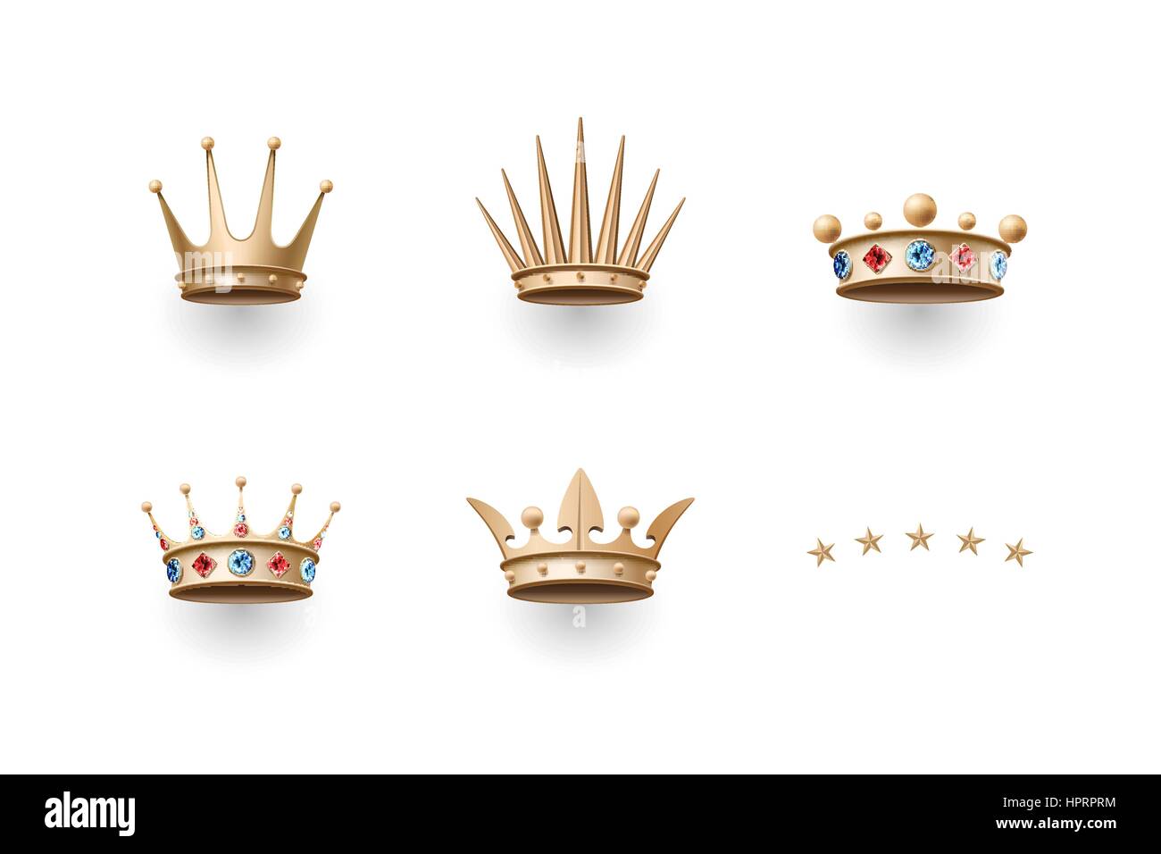 Set of royal gold crown and five stars icons Stock Vector