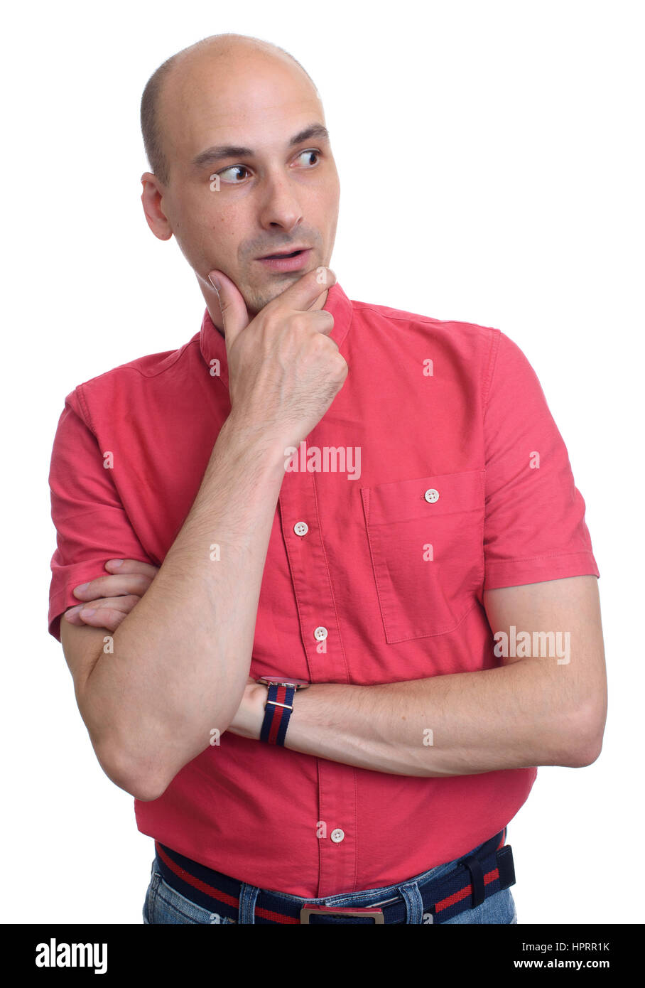 læder nummer Hovedløse surprised bald man wearing red shirt looking side. Isolated Stock Photo -  Alamy