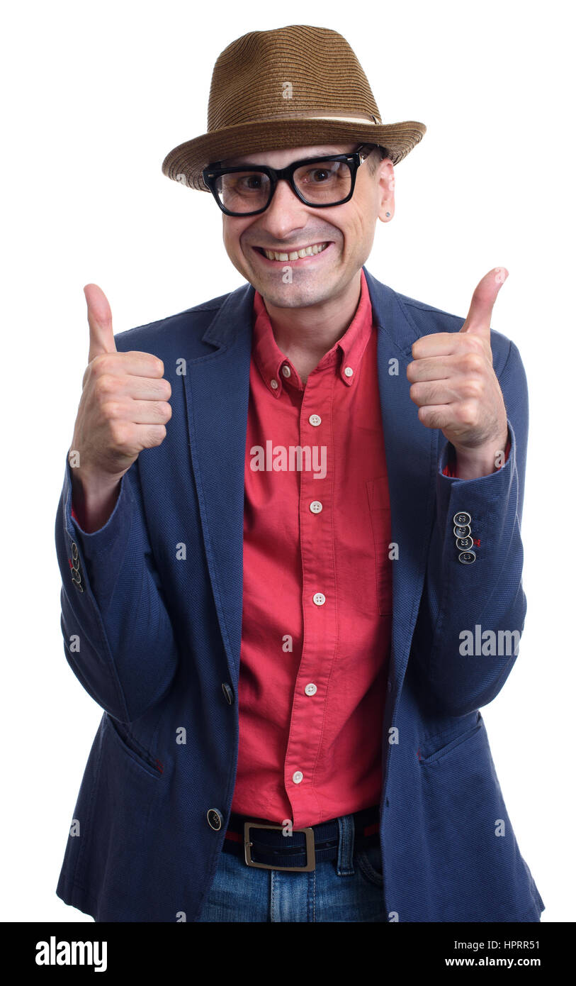 fashionable mid age man showing his thumbs up. Isolated on white background Stock Photo