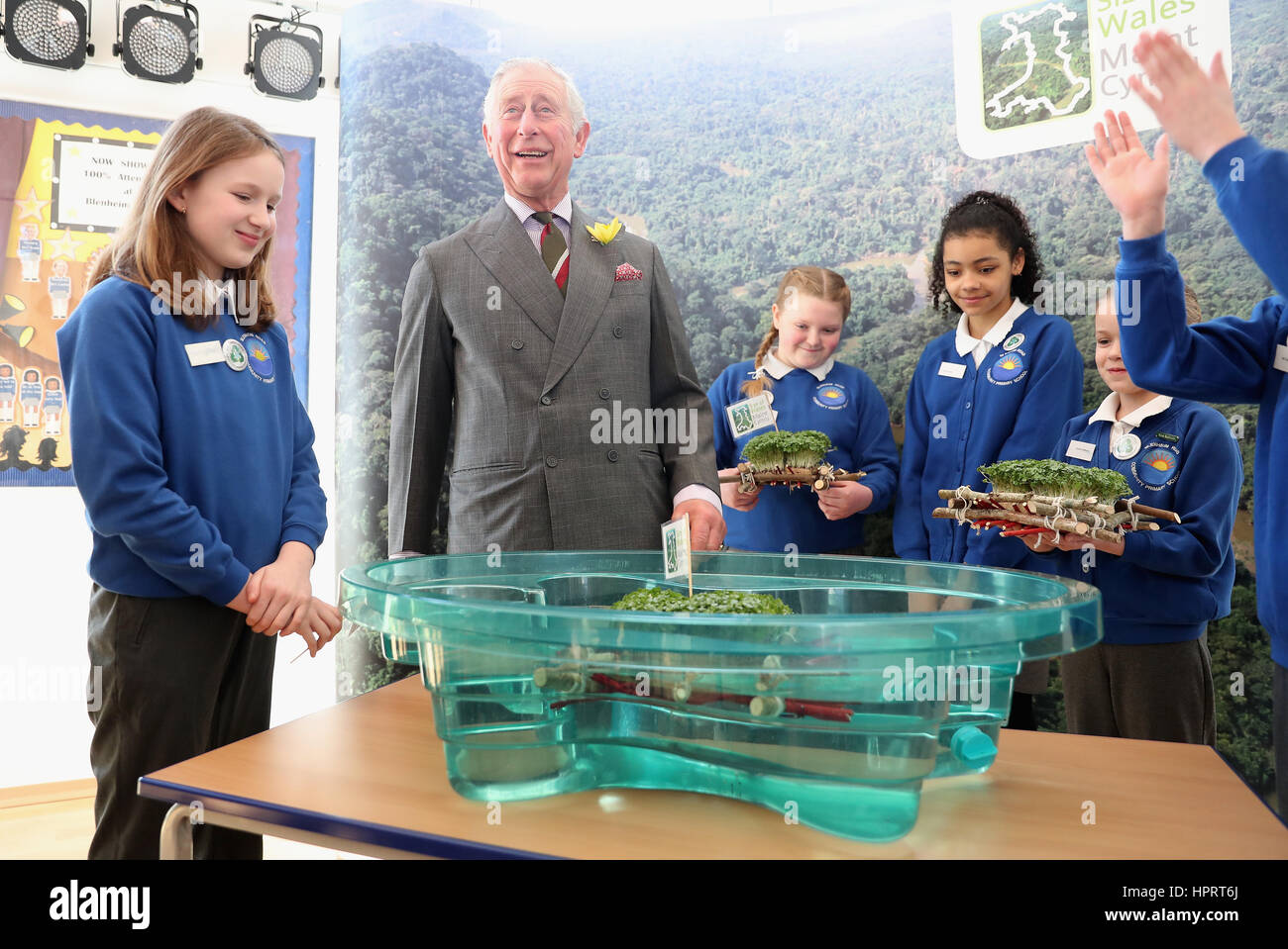 The Prince of Wales launches a climate change 'raft' with pupils and teachers involved in a climate change education programme run by the charity, Size of Wales, at Blenheim Road Community Primary in Cwmbran. Stock Photo