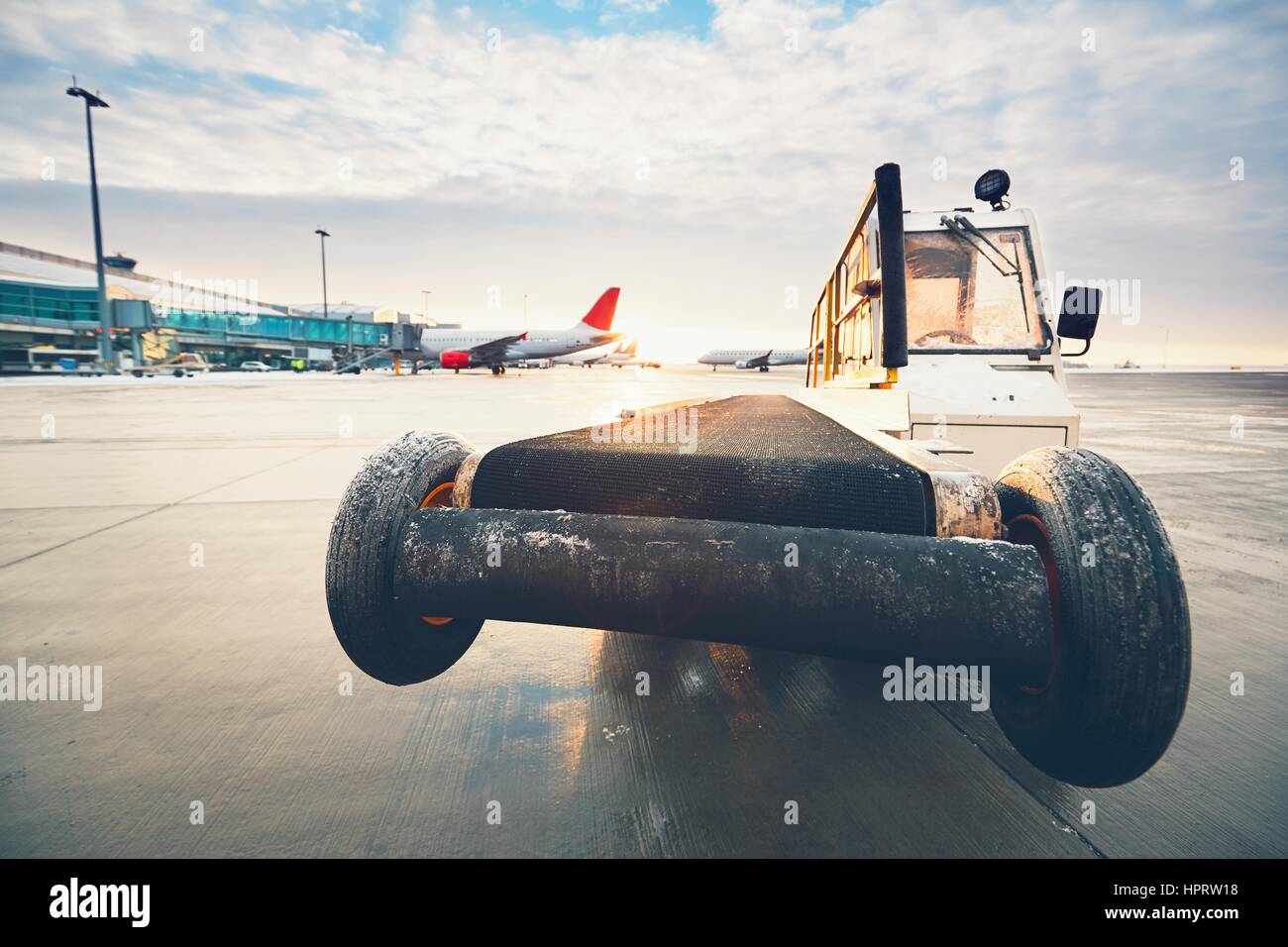 Daily life at the airport. Preparation of the airplanes before flight. - selective focus Stock Photo