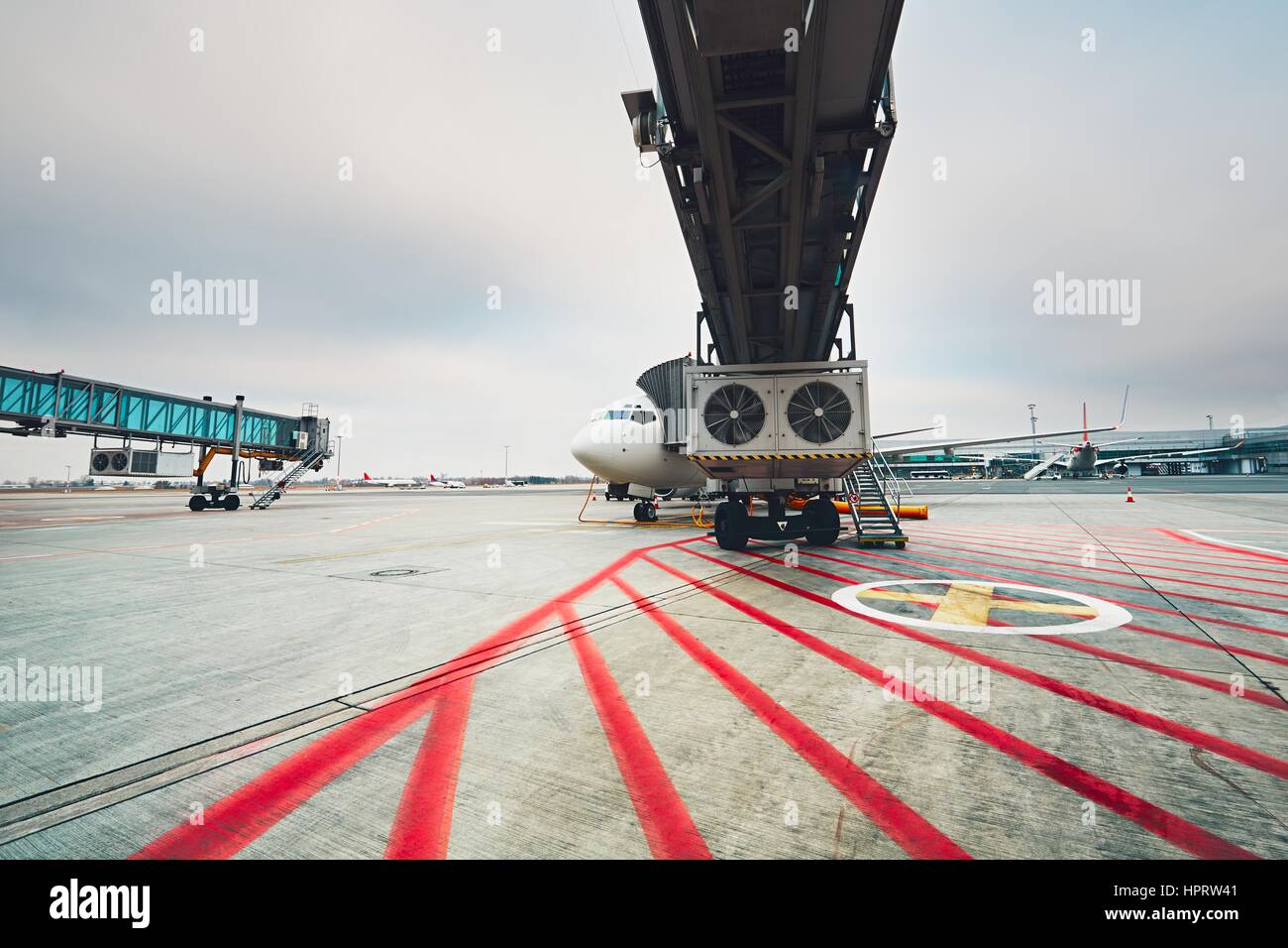 Daily life at the international airport. Preparation of the airplane before flight. Stock Photo
