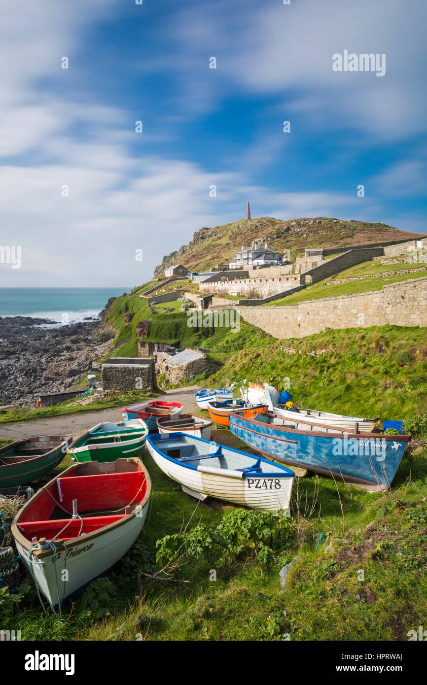 Fishing boats at Cape Cornwall, near St Just, West Cornwall, England, UK in February Stock Photo