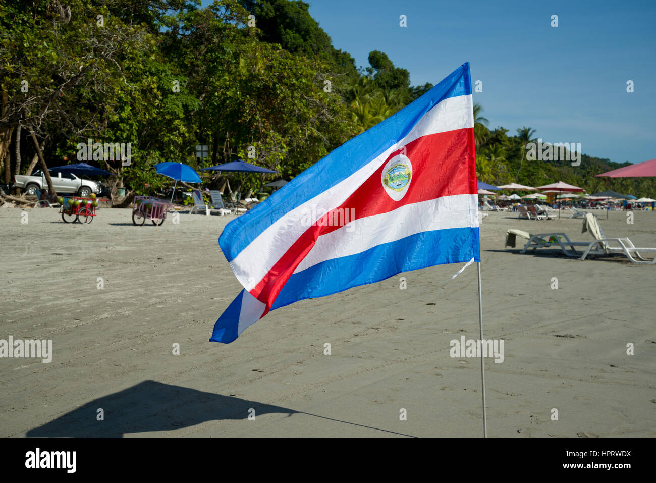 Flag of Costa Rica on a Costa Rican beach. Stock Photo