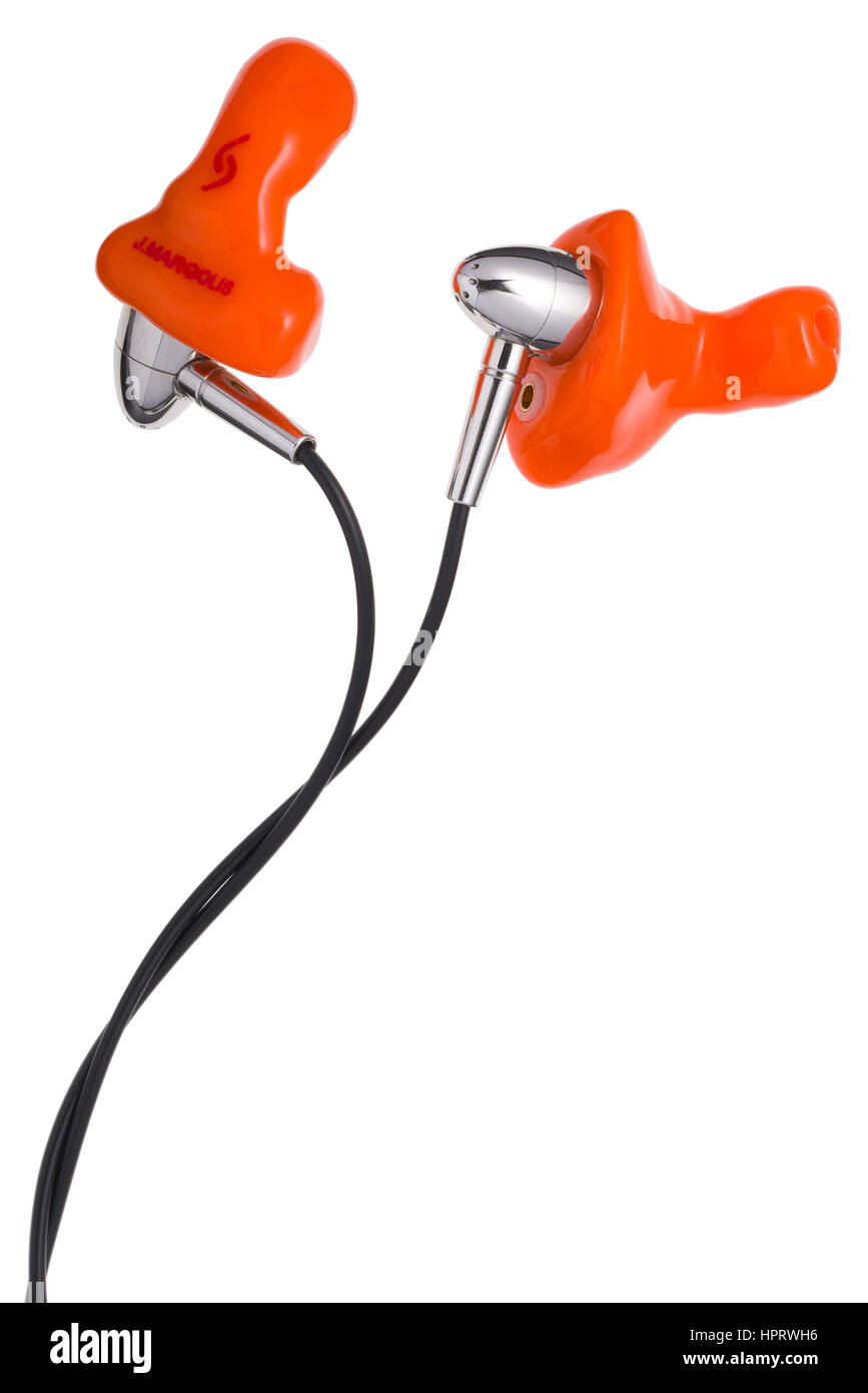 Snugs earphones, tailor made to fit inside your own ear. Custom fitted earpiece to ensure a snug fit. Stock Photo