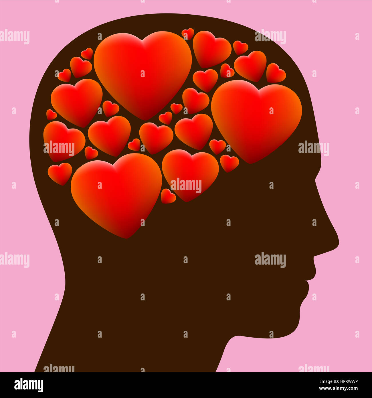 Lovestruck - head full with hearts instead of brain - illustration on rosy background. Stock Photo