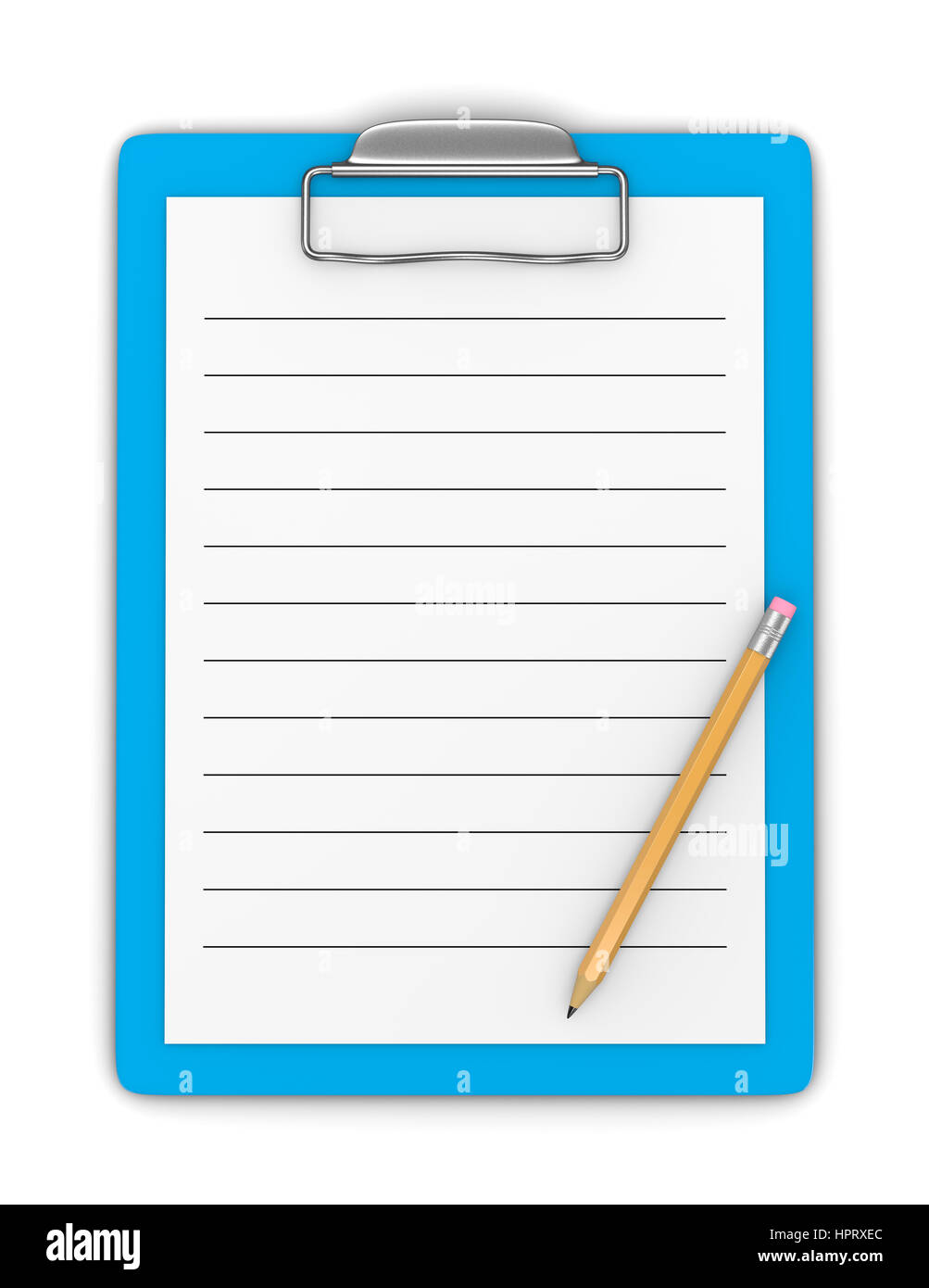 Blue Clipboard with Pencil and Blank Ruled Paper on White Background 3D Illustration Stock Photo