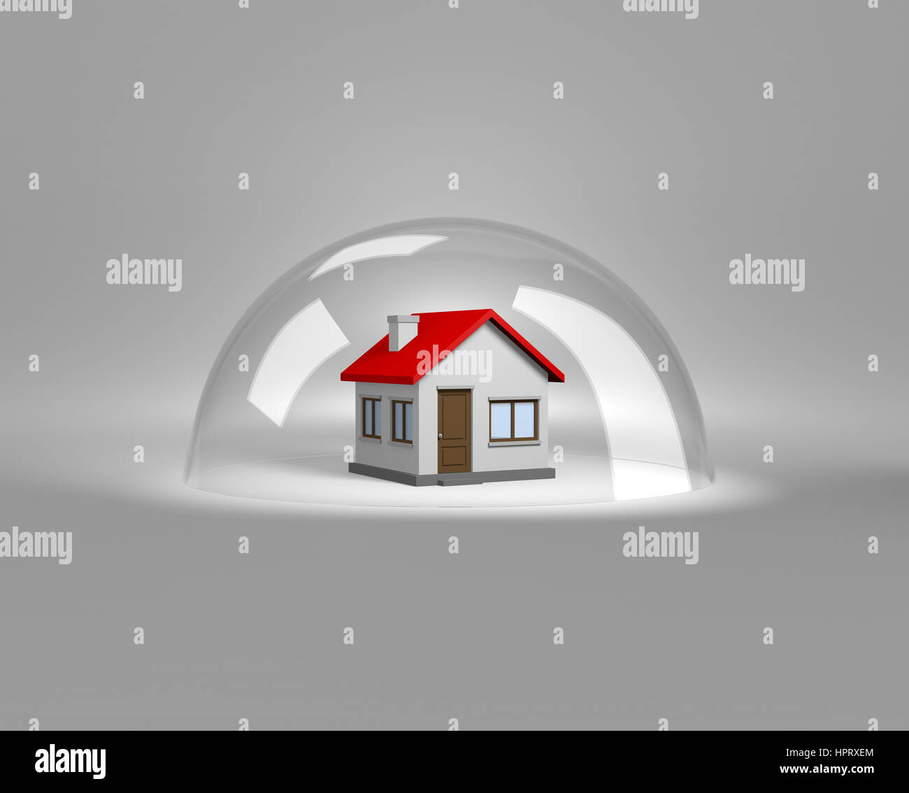 House under a Glass Shield 3D Illustration, Protection Concept Stock Photo