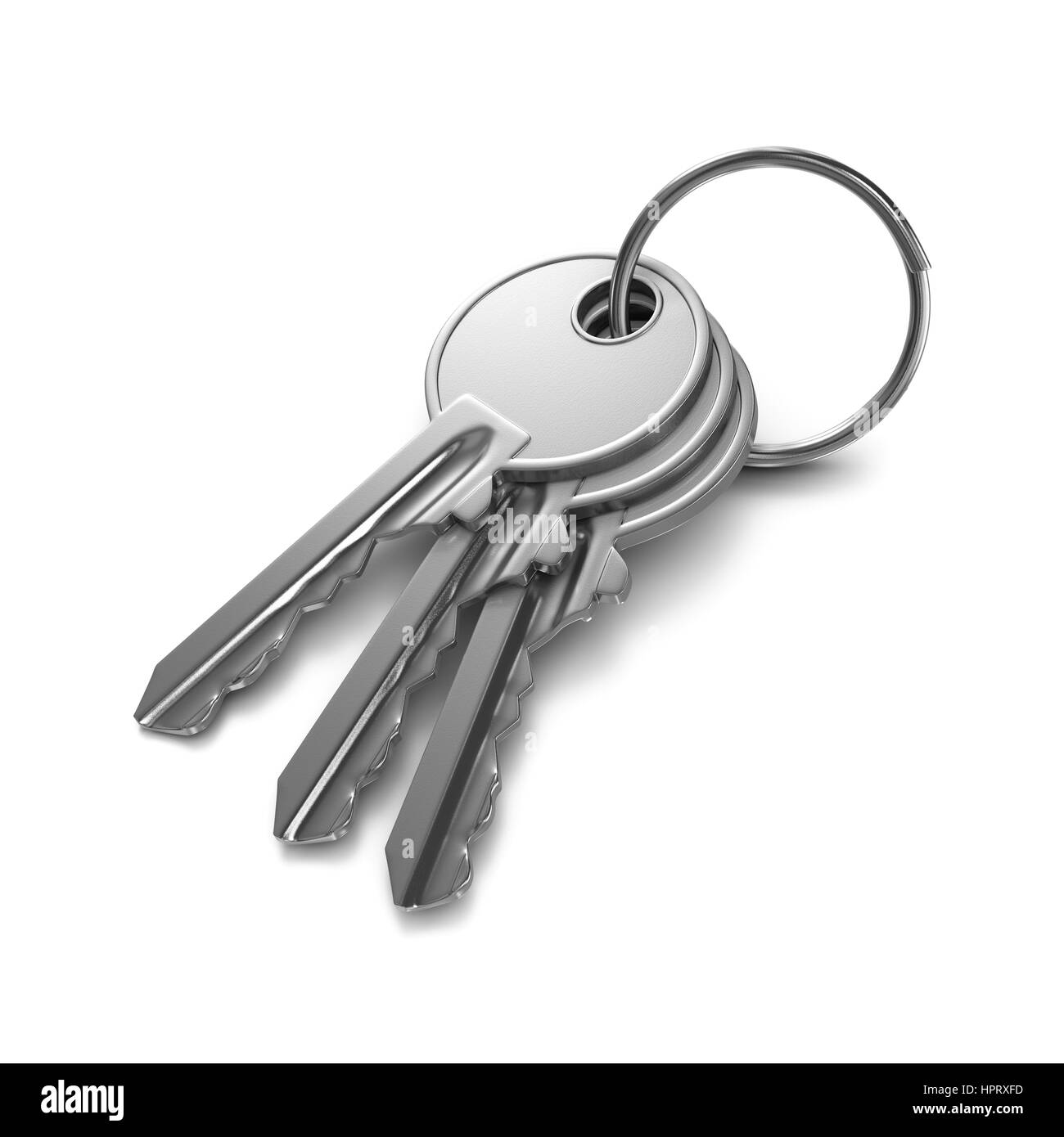 Three Metal Keys with Key Rings on White Background 3D Illustration
