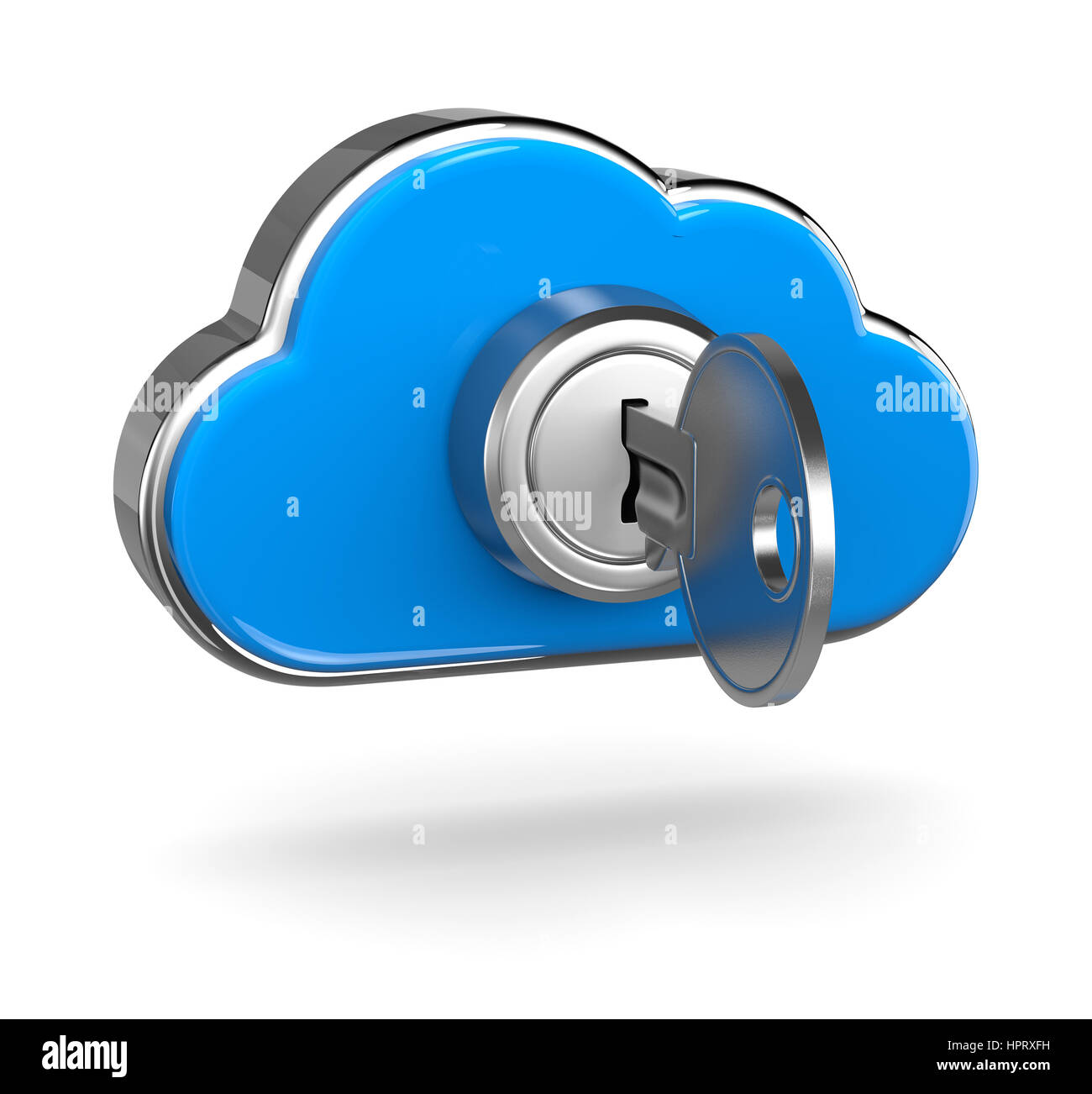 Metal Key Inserted in a Blue Cloud Shaped Lock 3D Illustration on White Background, Cloud Computing Security Concept Stock Photo