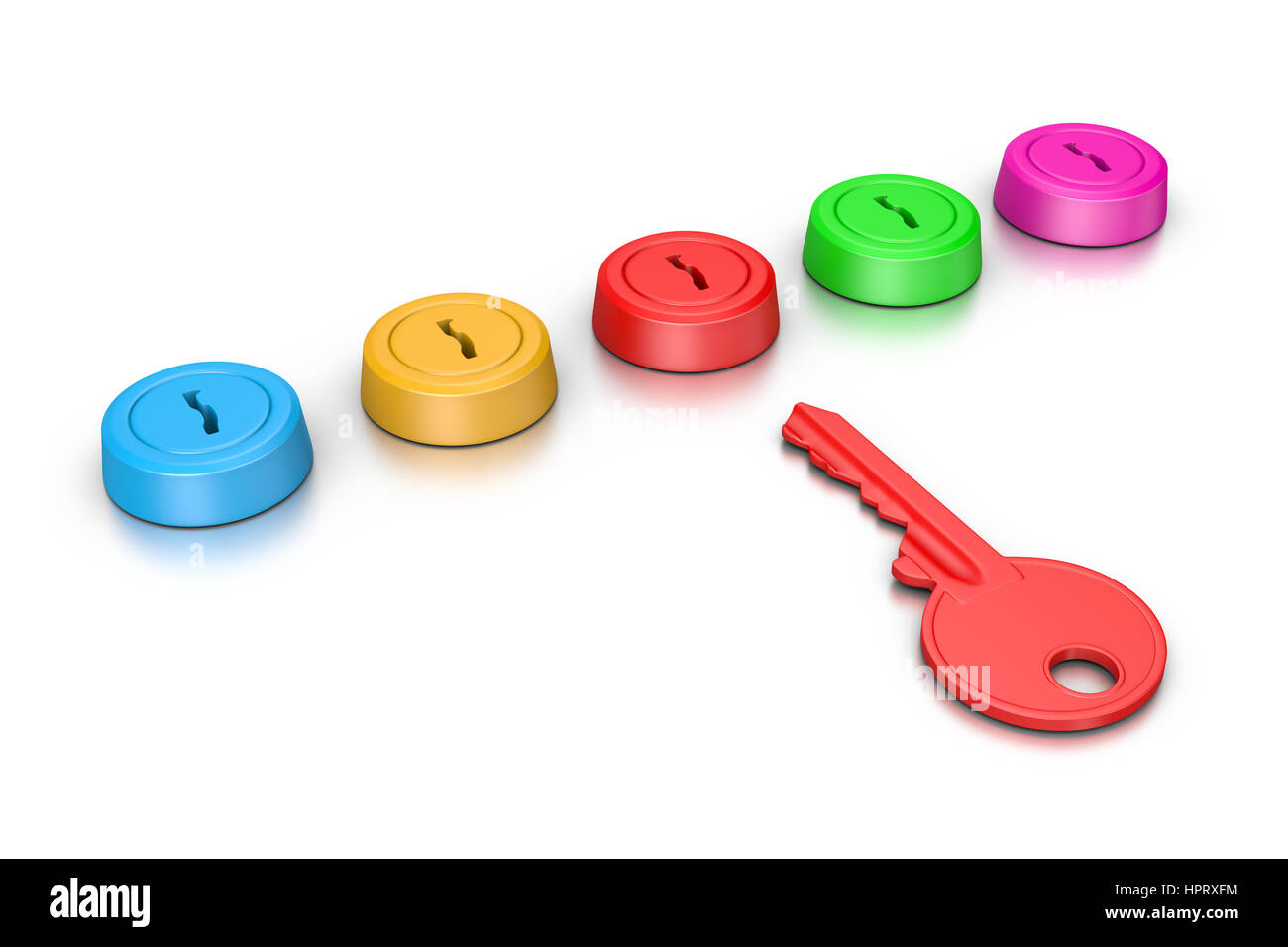 Single Red Key in Front of a Set of Colorful Locks on White Background 3D Illustration, Right Key Concept Stock Photo