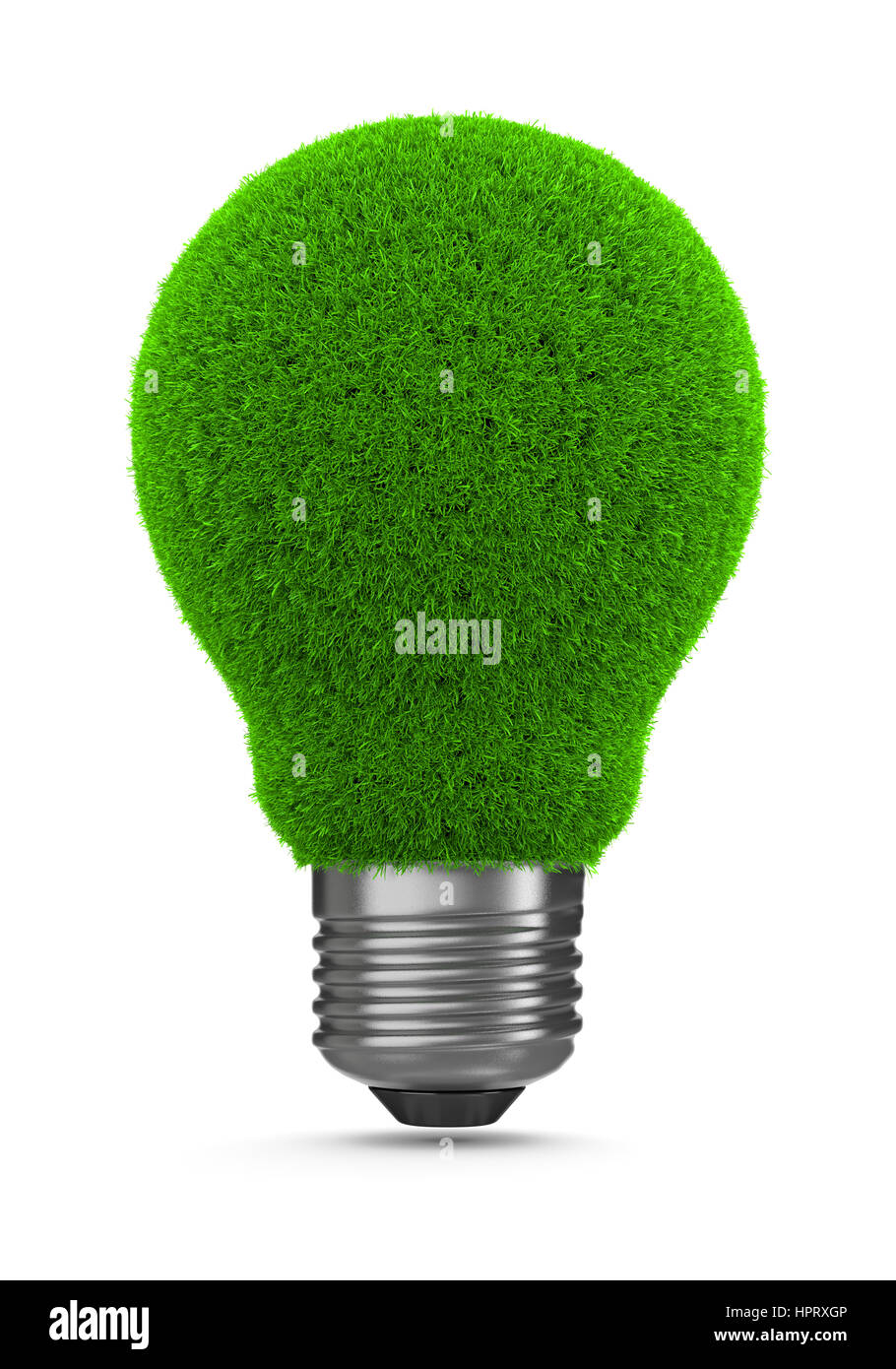 Grass Green Light Bulb on White Background 3D Illustration, Green Energy Concept Stock Photo