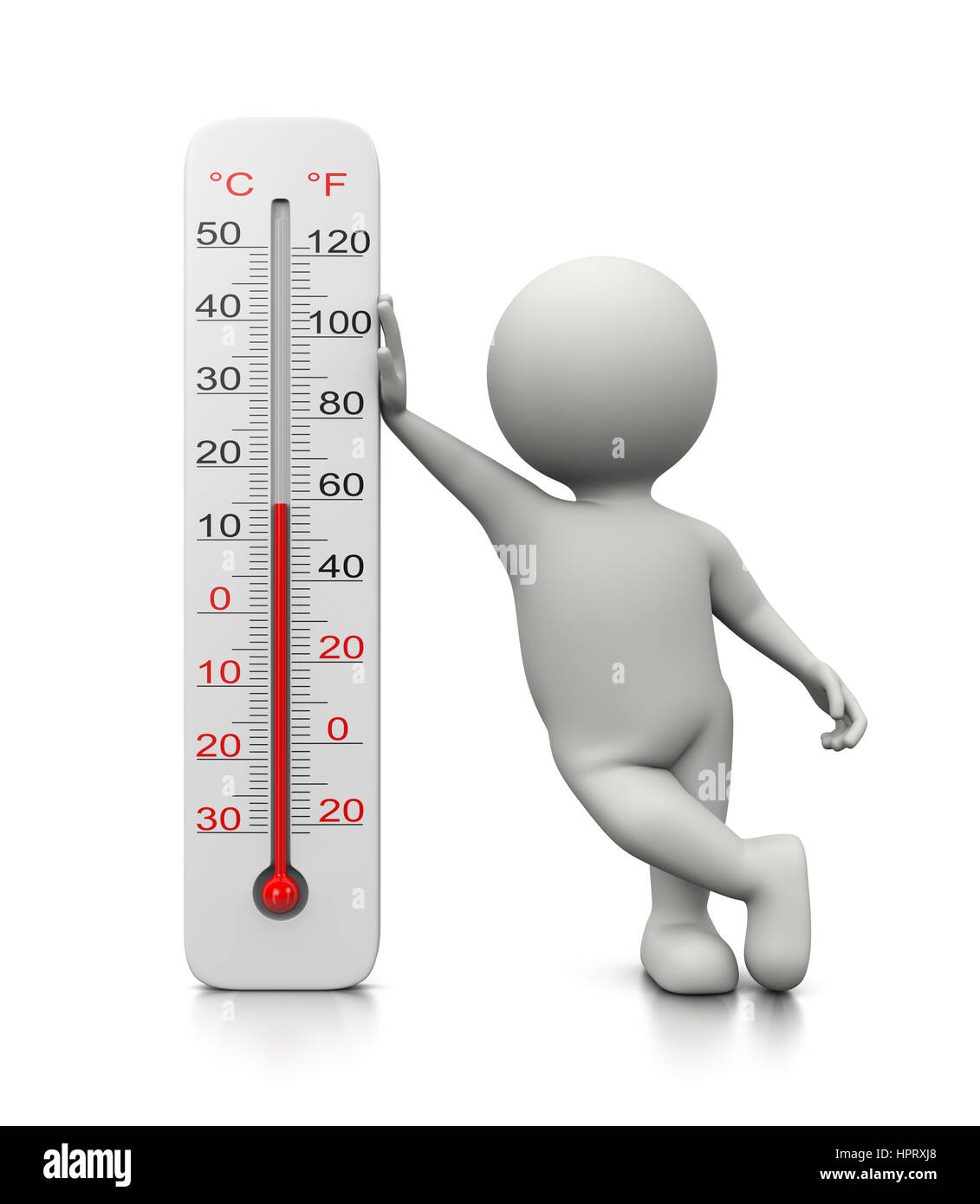 White 3D Character Leaned on a Thermometer 3D Illustration Stock Photo