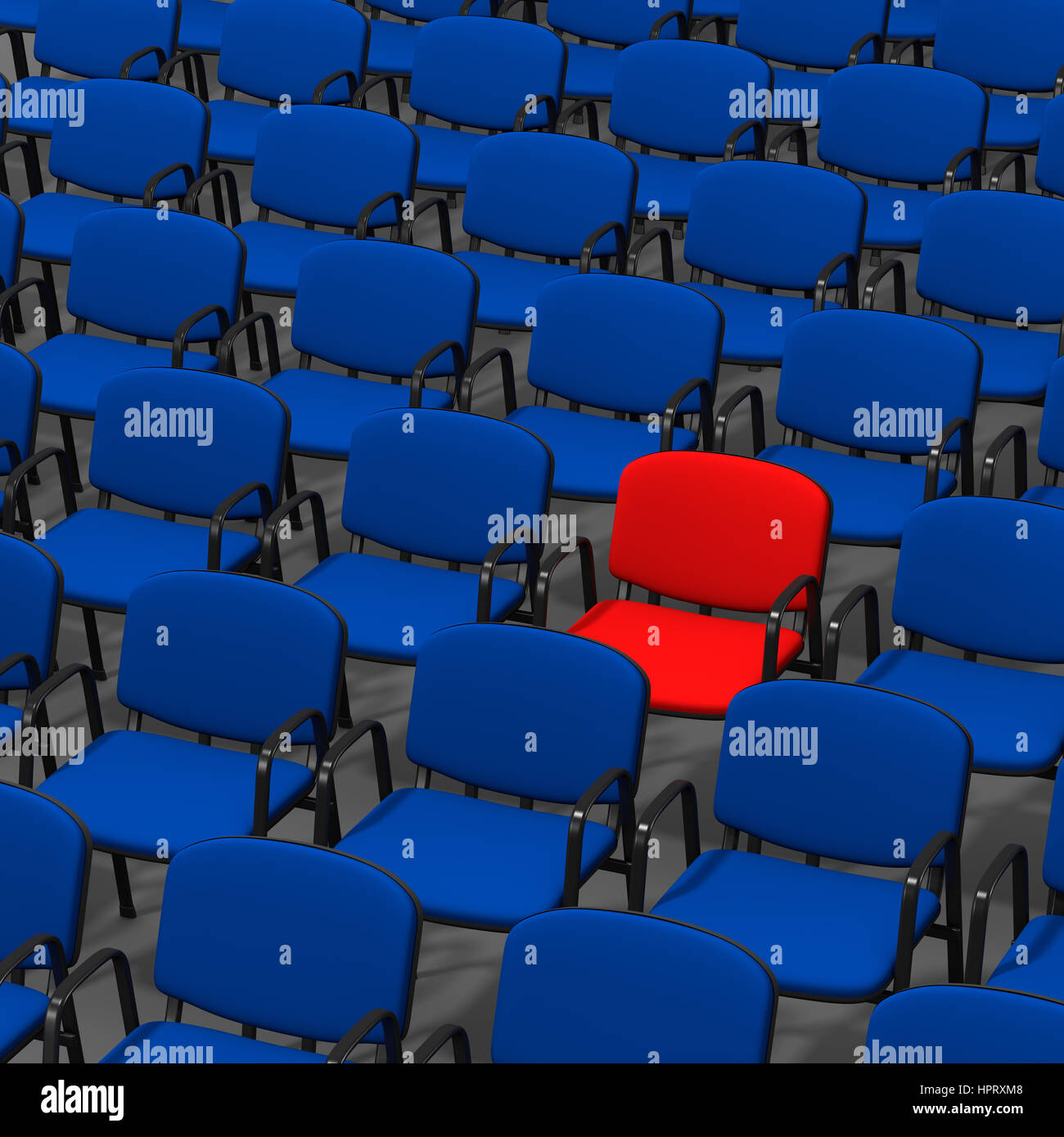 Red Chair Stand Out in a Crowd of Blue, 3D Illustration on White Background Stock Photo