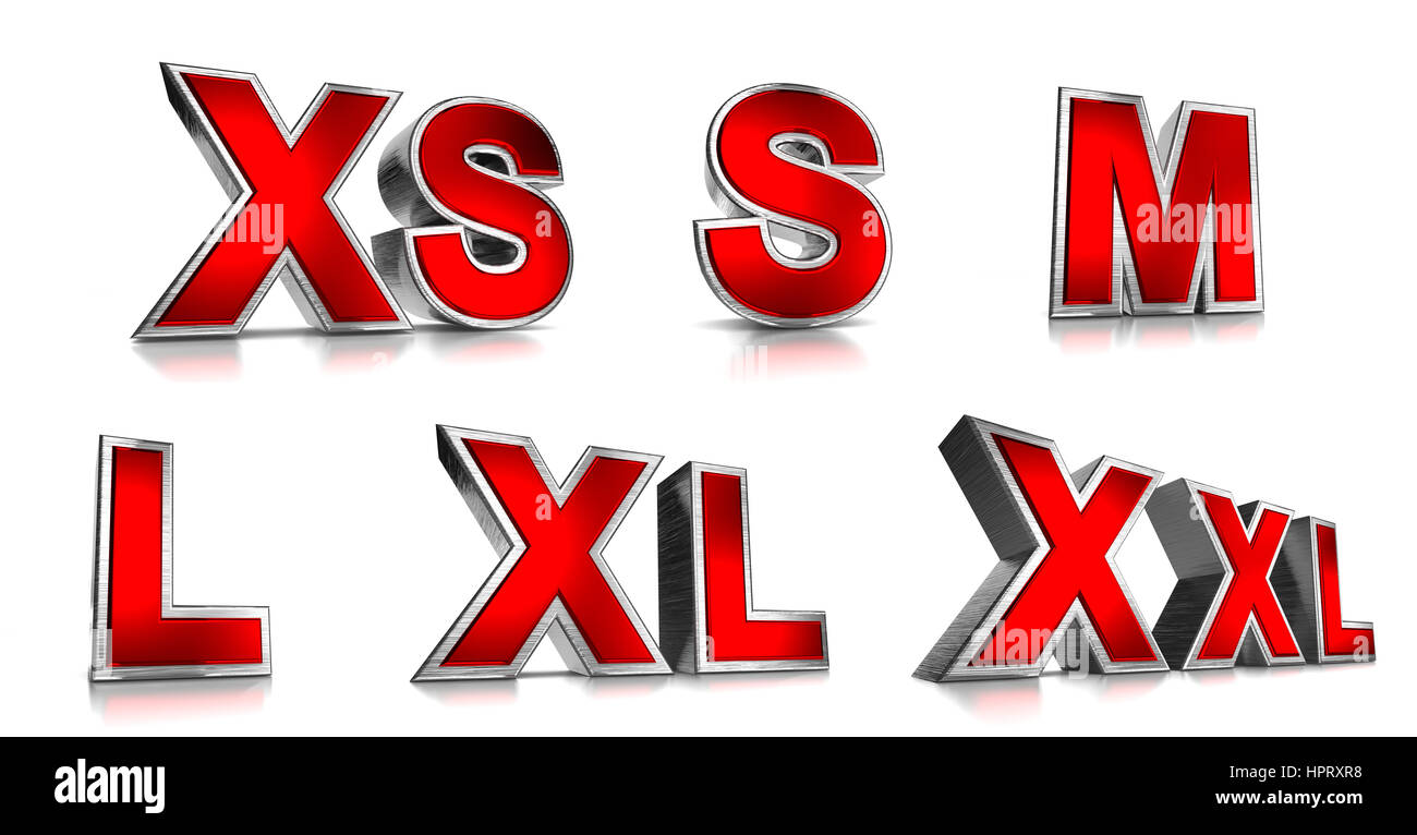 Red Metallic Sizes Text Series on White Background 3D Illustration Stock Photo