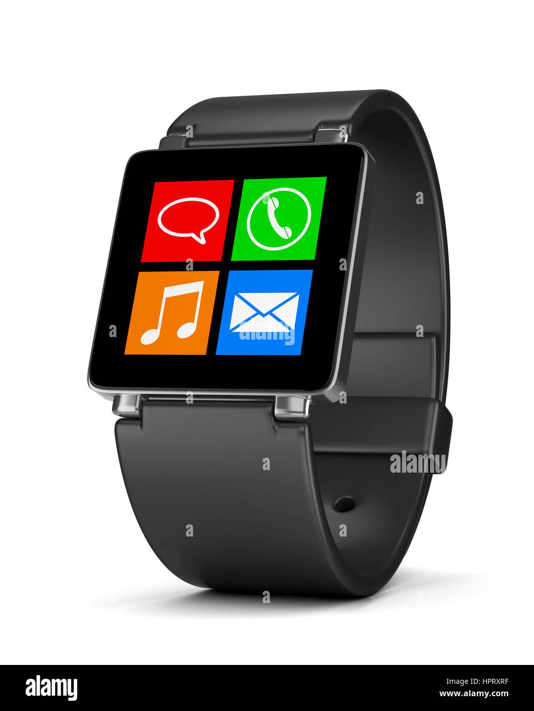 Black Smartwatch with App Icons on Display on White Background 3D Illustration Stock Photo