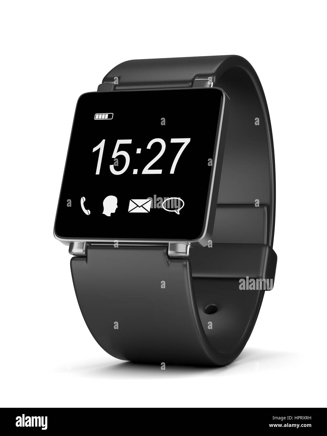 Black Smartwatch with App Icons, Digital Clock and Battery Level on Display on White Background 3D Illustration Stock Photo