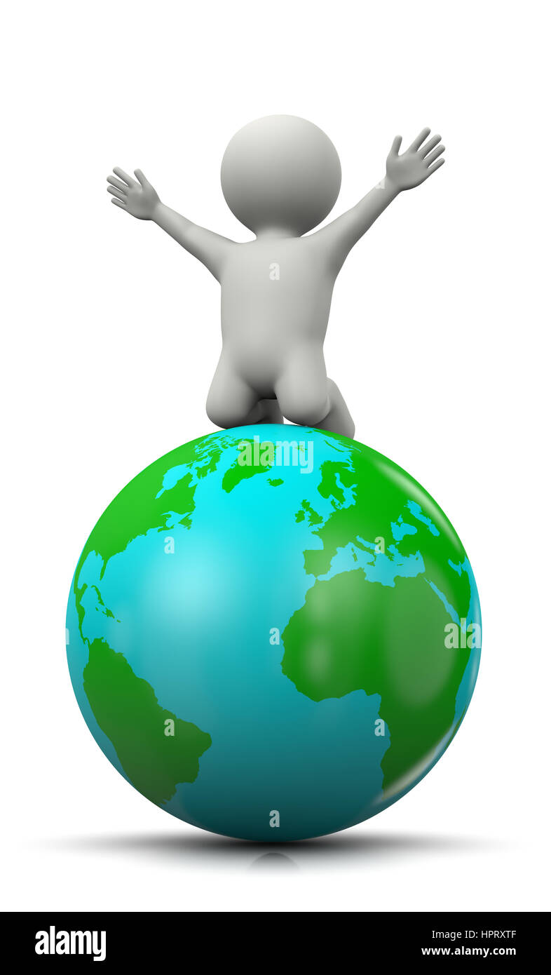 White 3D Character Exulting on top of the World 3D Illustration on White Background Stock Photo