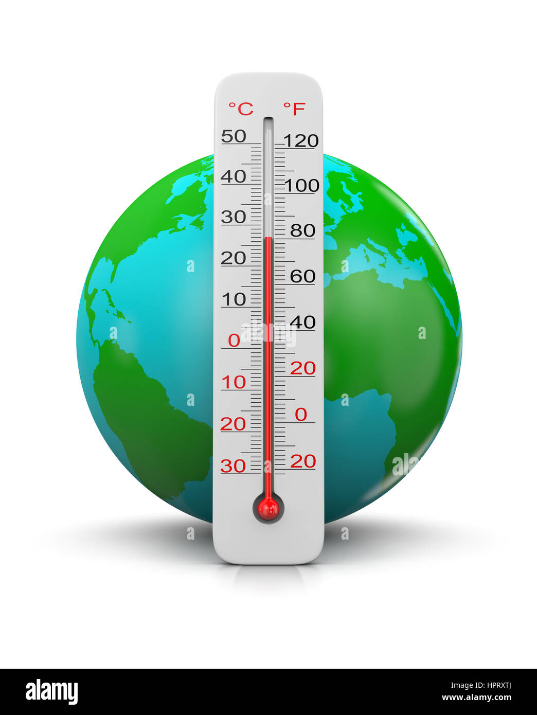 Earth Behind a Thermometer on White Background, Global Temperature Concept Stock Photo