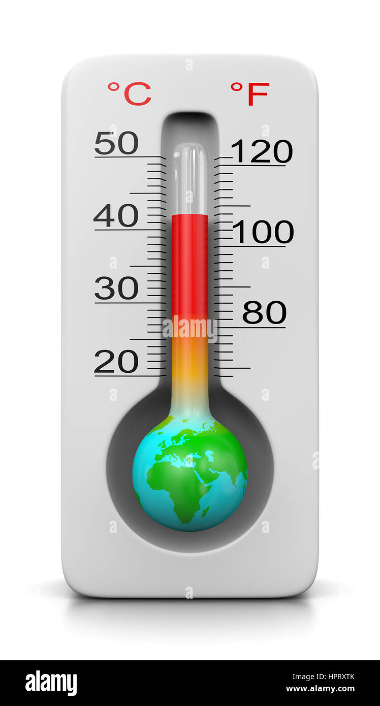 Earth in the Shape of a Thermometer on White Background 3D Illustration, Global Warming Concept Stock Photo
