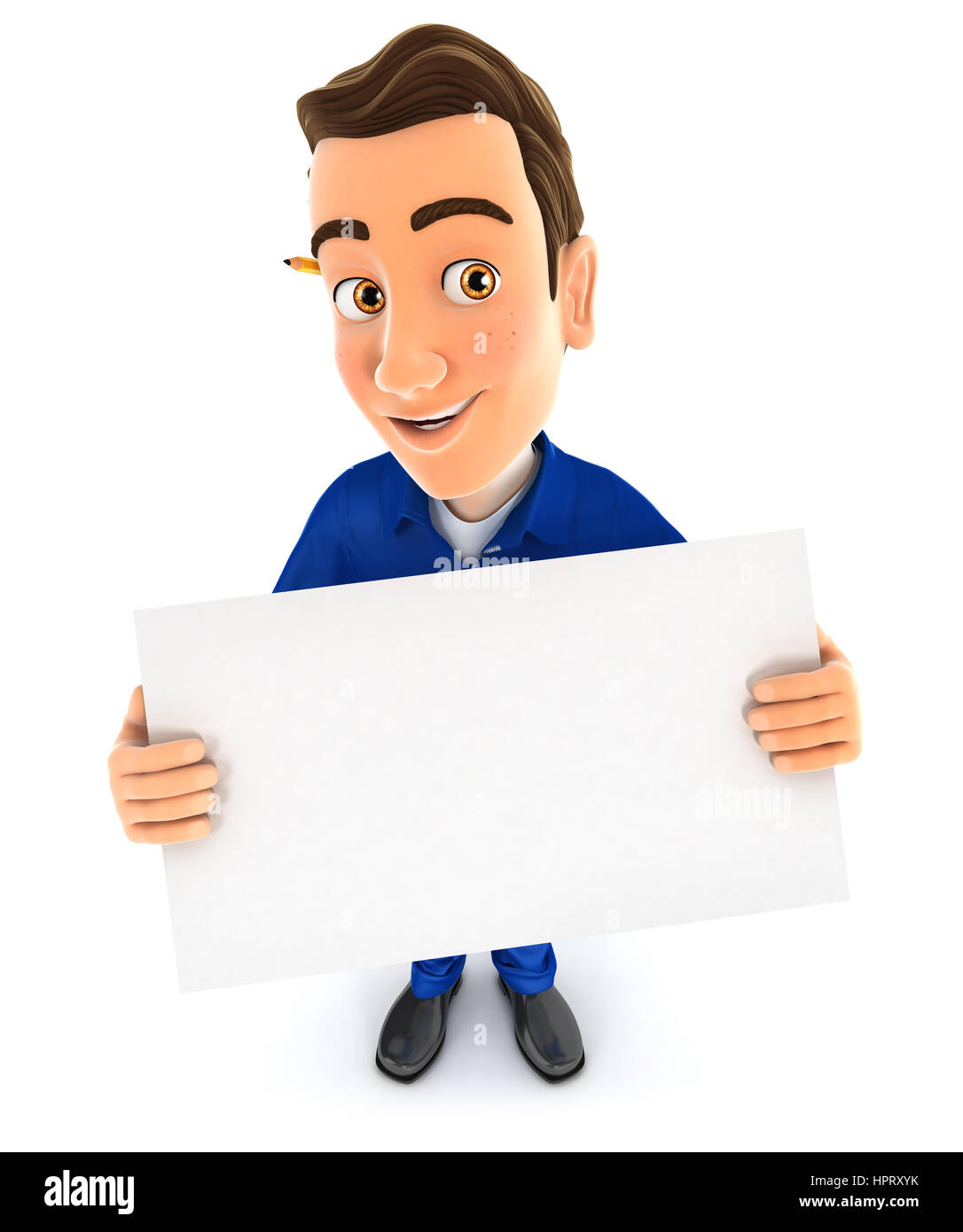 3d mechanic holding a billboard, illustration with isolated white background Stock Photo