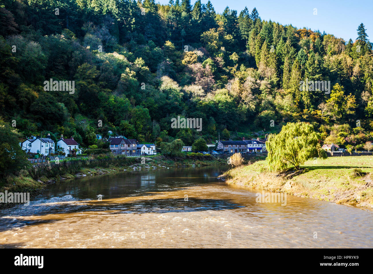 The river Wye flowing past the village of Tintern in Monmouthshire, Wales. Stock Photo