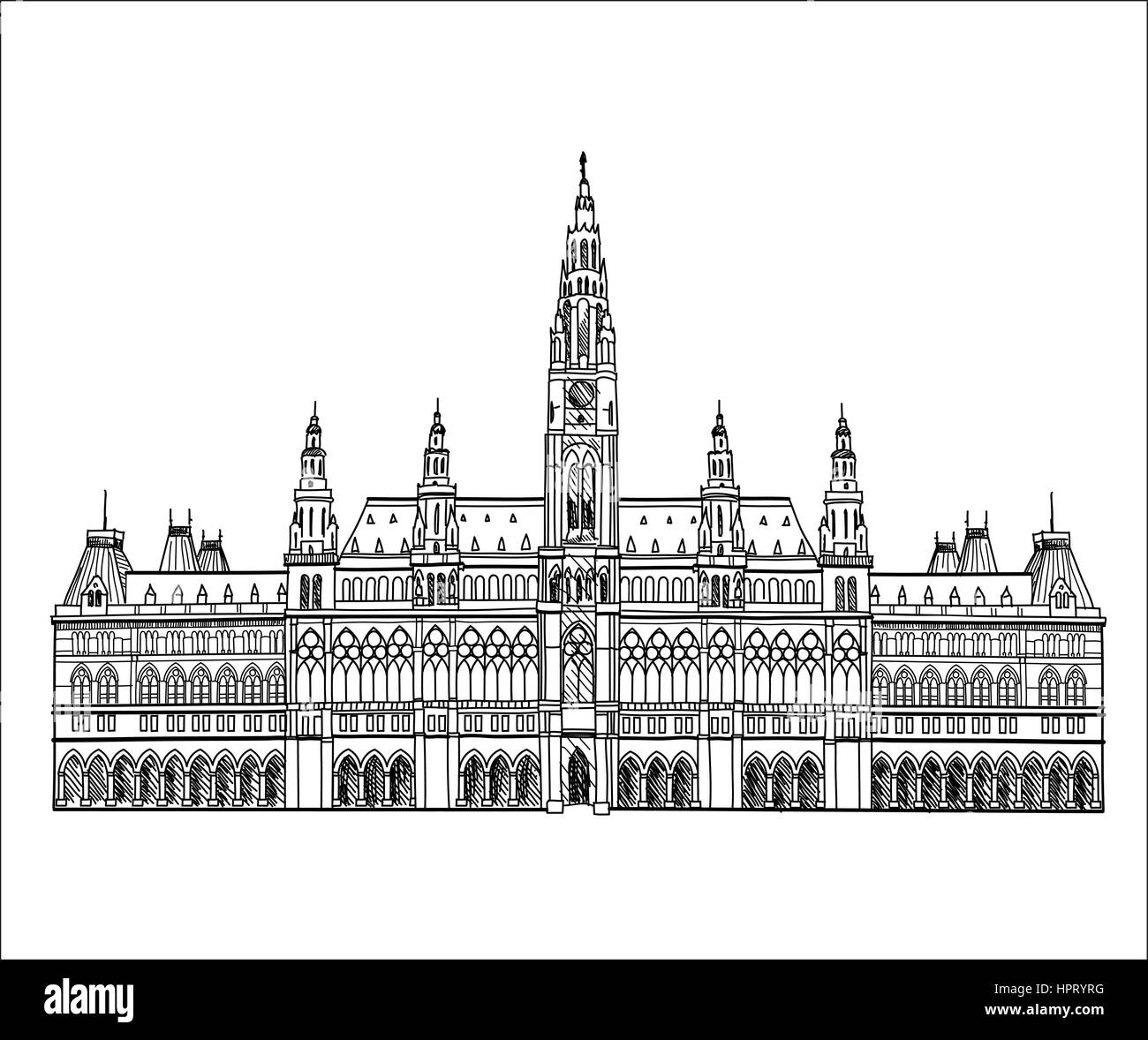 Austrian landmark. Town hall building in Vienna, Austria. Hand drawn sketch isolated on white background Stock Vector